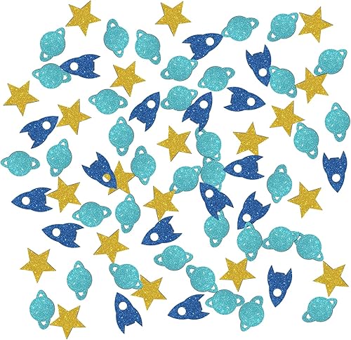 Confeti con purpurina de cumpleaños con temática espacial, confeti de mesa espacial de estrella de cohete, dispersión de papel para baby shower,