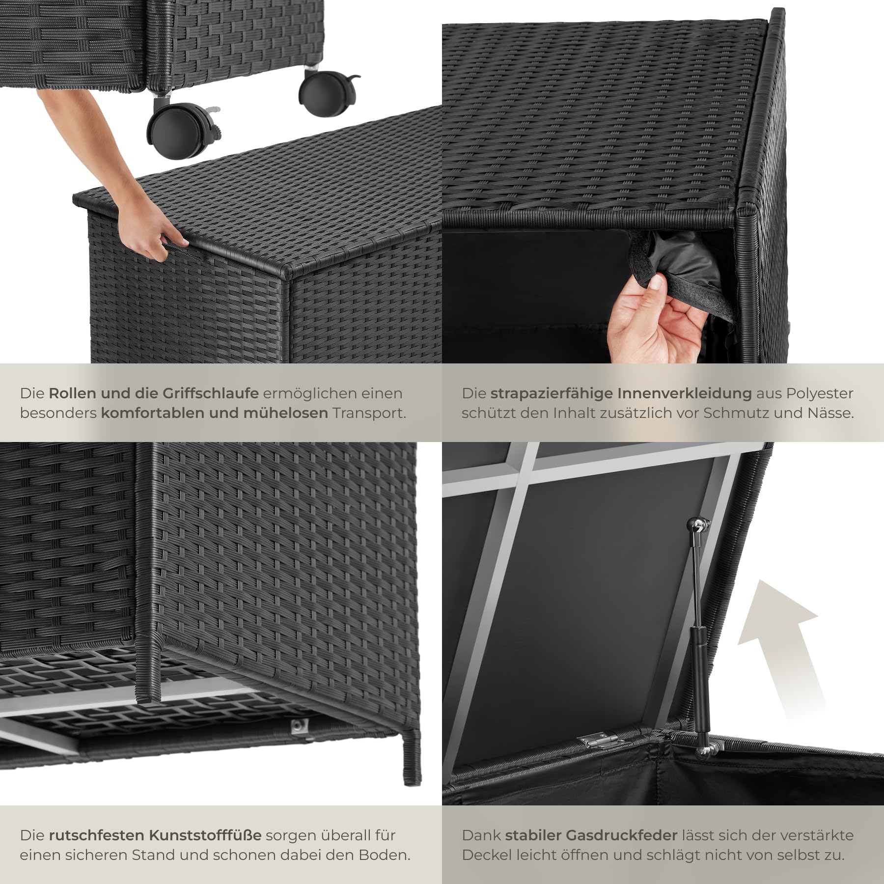 tectake® Auflagenbox 253 l, 116 x 54 x 64 cm, 2 drehbare Rollen mit Feststellbremse, Polyrattan mit Aluminiumrahmen, Kissenbox, Auflagenbehälter, Gartenbox, Sitzkissen Box, Polsterbox - schwarz