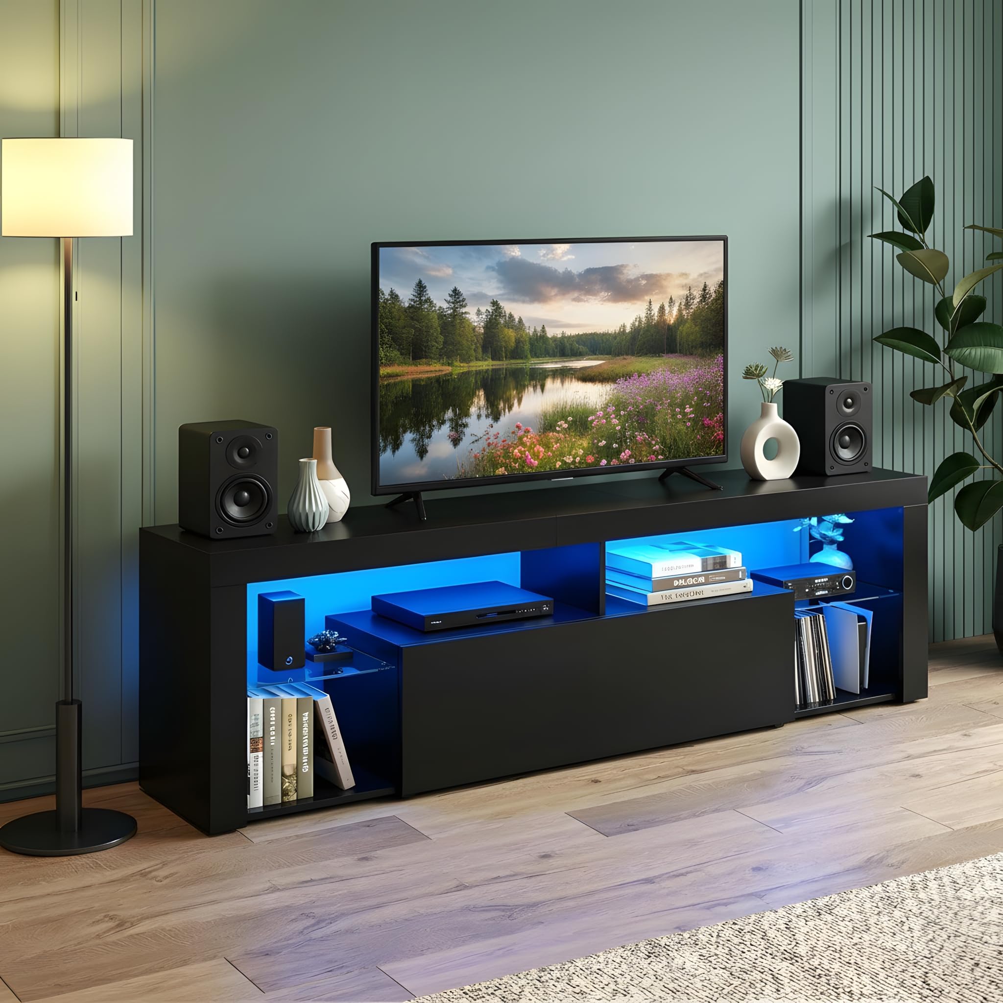 Meuble TV Noir 140cm Longueur avec Bande Lumineuse, Meuble Télé Moderne avec Étagères en Verre et Tiroir, Meuble TV Bas avec Rangement pour Salon, Chambre et Gaming (140x35x50cm)