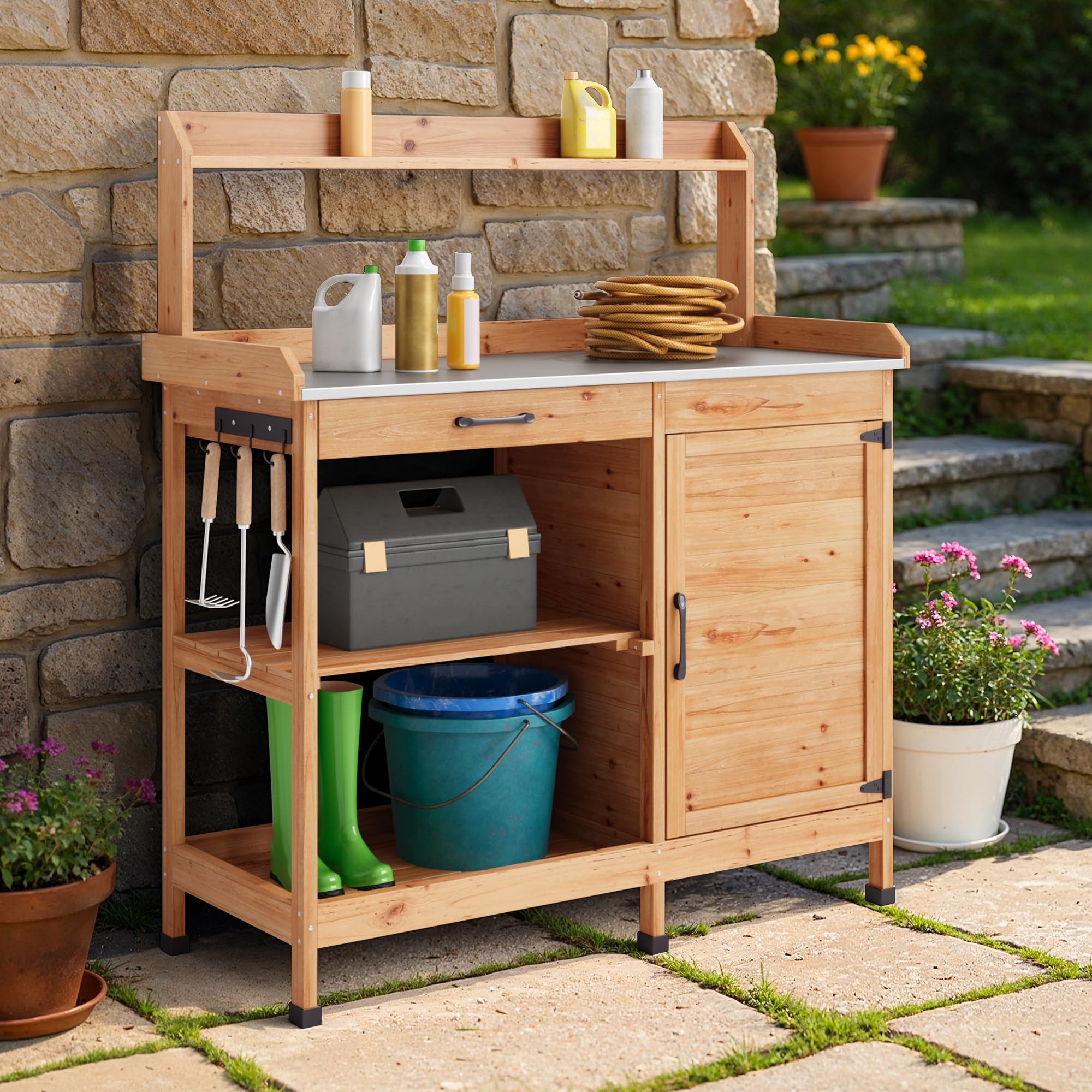 Blishom Table de Jardinage, Table de Plantation avec Tiroirs et Meuble Bas, Table de Travail de Jardin en Bois avec Plan de Travail Galvanisé, pour Jardin, Balcon, Terrasse, 112x46x125 cm, Naturel - 5