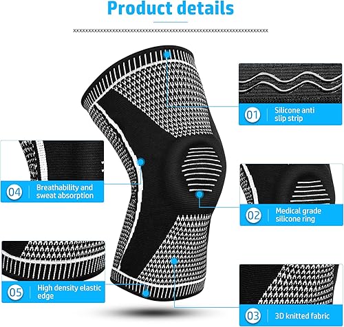 Miniatura 3 de Paquete de 2 rodilleras para dolor de rodilla, mangas de compresión ultra rodilla con gel de silicona y soporte de resorte, protector de rótula de