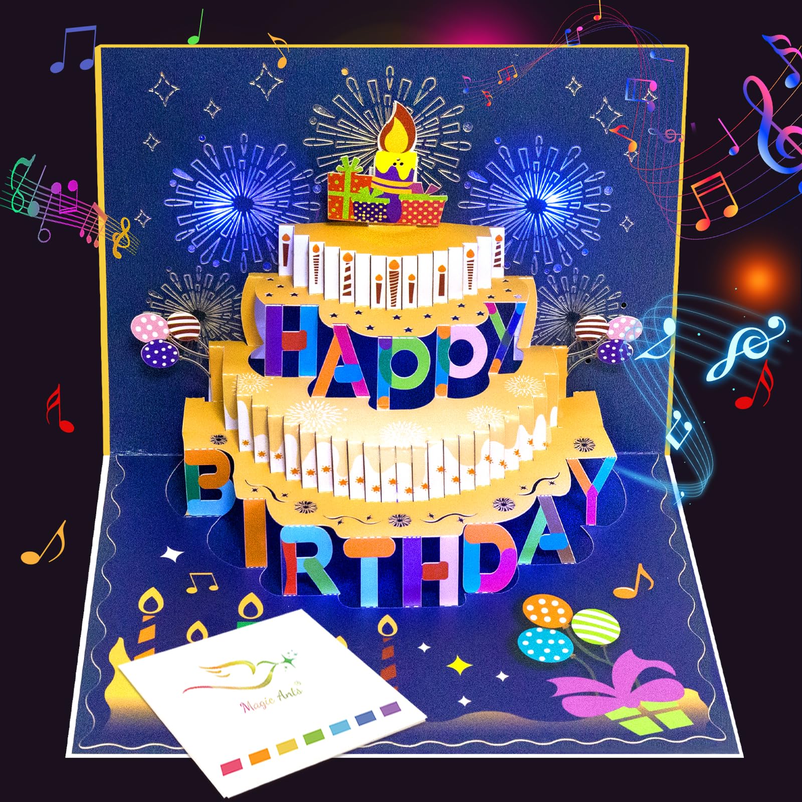 Musical 3D Pop Up Birthday Card with Lights and Interactive Blow Out Candle – Plays "Happy Birthday" Song with Applause Cheers – Three Tier Cake Design with Fireworks – Includes Envelope & Note Card — image 1