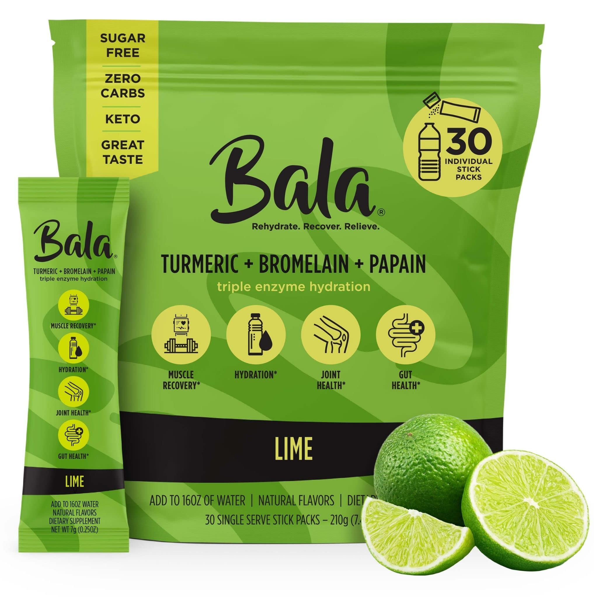 BALAHydration Turmeric Drink Mix Packet | Sugar-Free Electrolyte Powder Packet, Muscle Recovery, Immune Support, Joint Relief | Plant-Based Enzymes - Lime (30 Pack)