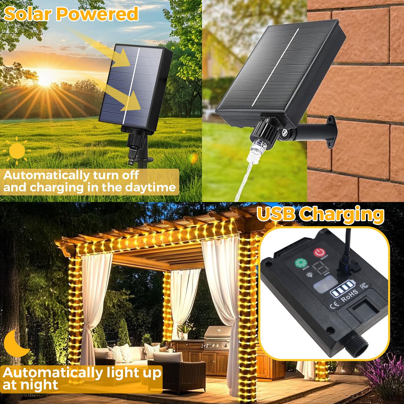Aofonchy Solar LED Rope Lights Outdoor, 66Ft 200 LEDs Waterproof Tube String Lights with 8 Modes & Remote Control - Image 4