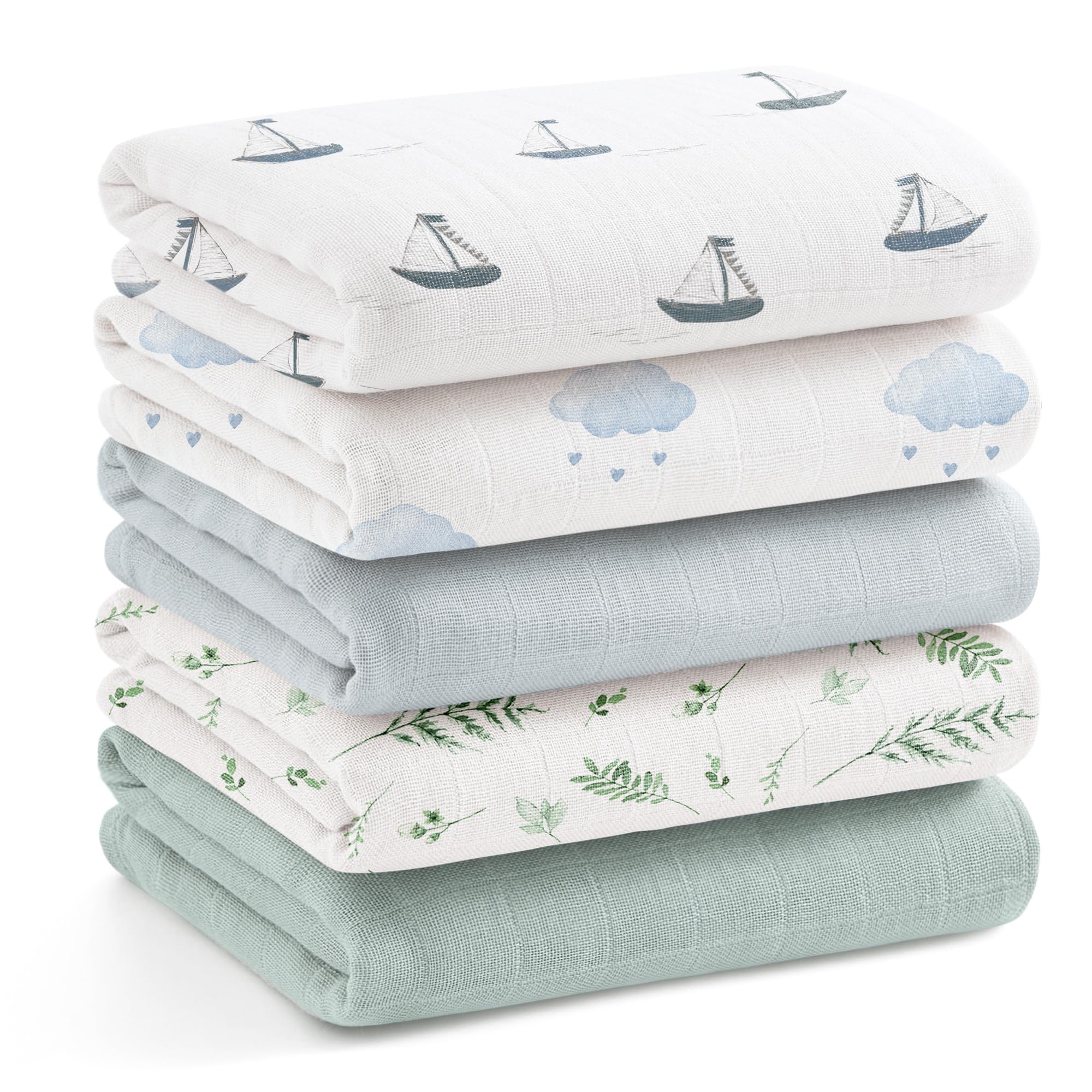 bearmoss Muslin Squares Cloths Breathable Baby Burp Cloth 60x60CM Ultra Soft Baby Face Washcloths for Newborn Baby Boy and Girl, 5Pack(Sailboat)