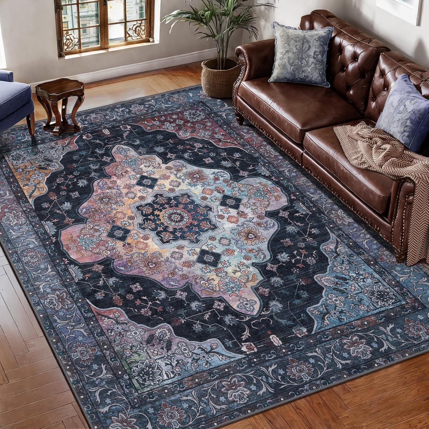 Tapis de cuisine chic à motifs floraux bleu et jaune haute résistance