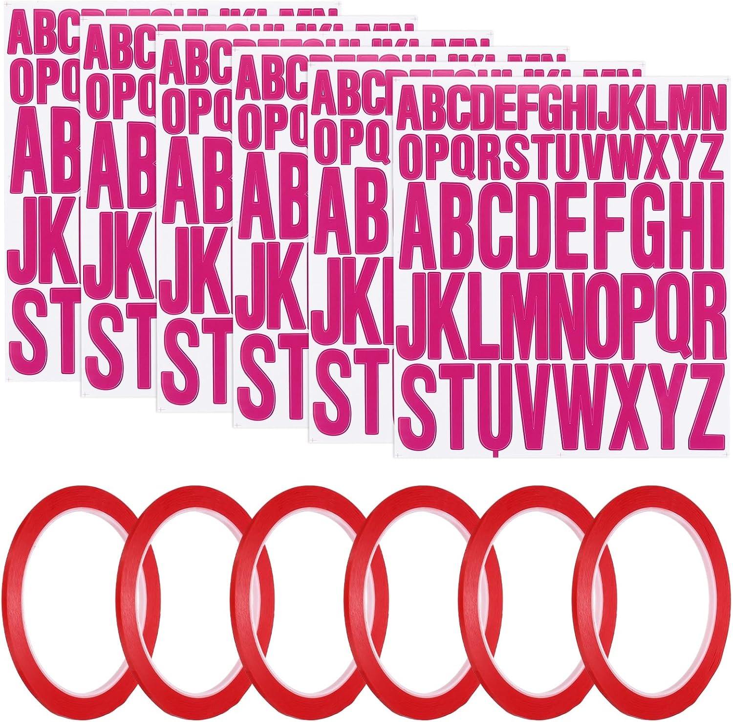 PATIKIL 312Pcs 2+1" Rose Red Letter Stickers with 6 Roll 1/8" 164ft Whiteboard Tape, Self Adhesive Waterproof Alphabet Stickers Pinstripe Tape for Mailbox Scrapbook Sign, Style2, Red