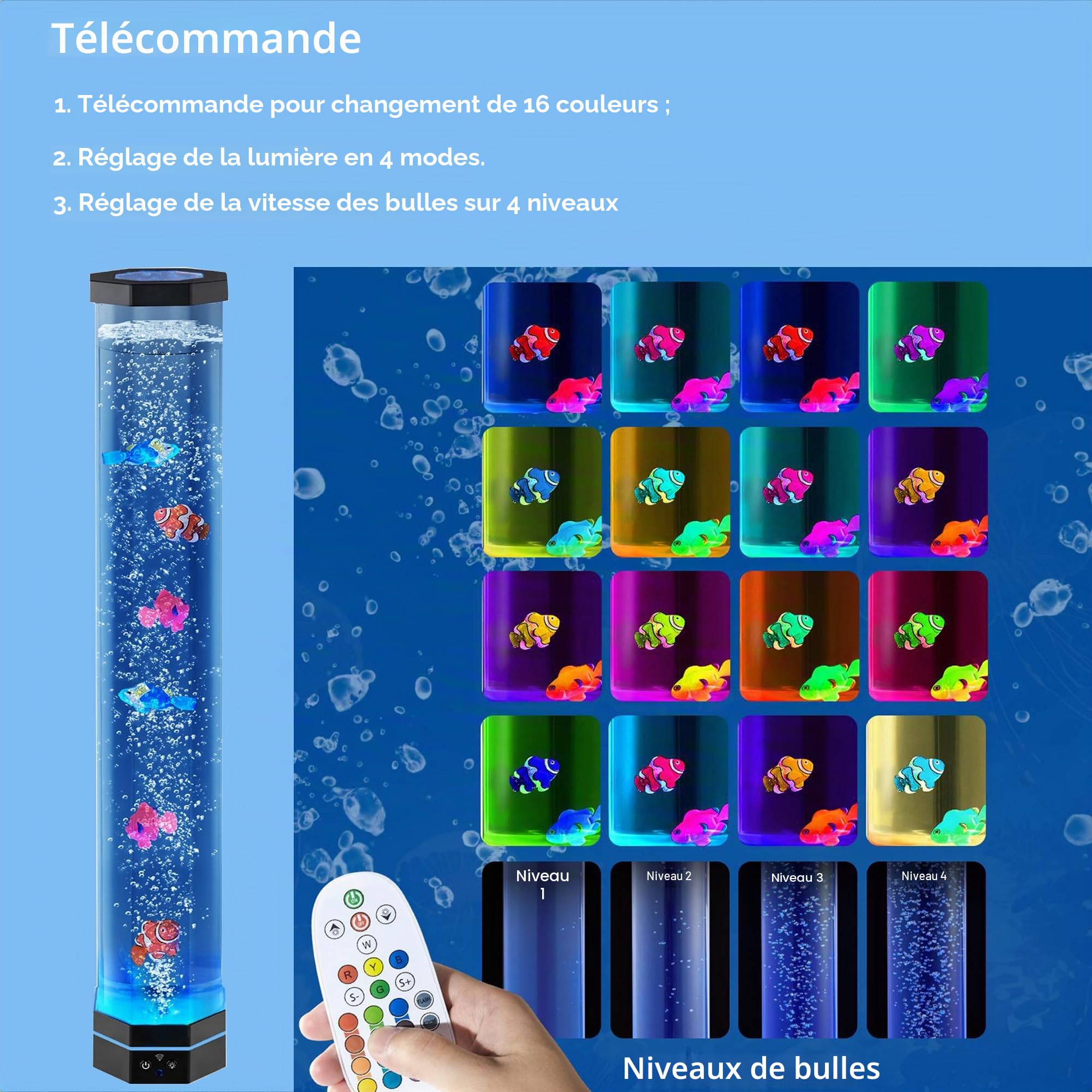 Lampe octogonale extra large de 81,3 cm pour aquarium – Tube sensoriel Jumbo de 12,7 cm de large avec 5 poissons et requins mignons, base stable de 14 cm avec LED bleu moderne, veilleuse à 16 couleurs