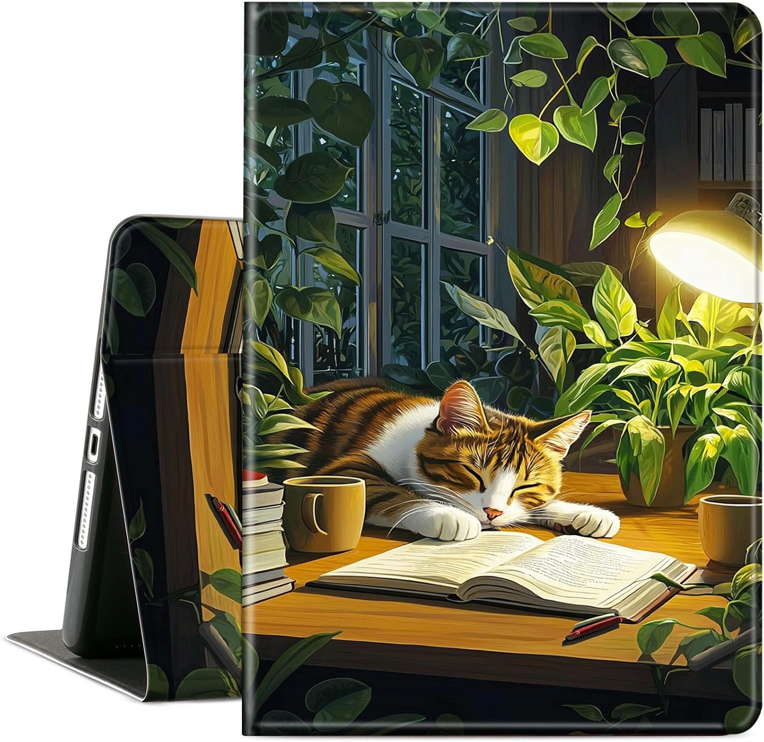Case for Amazon Kindle Fire HD 8 Tablet & HD 8 Plus Tablet(12th Generation/10th Generation,2024/2022/2020 Release),Leather Slim Adjustable Stand Cover Auto Wake/Sleep,Cute Cat Plant