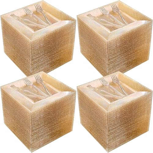 Juego de 200 vajilla de plástico con purpurina dorada que incluye 100 platos cuadrados con purpurina 100 tenedores de postre para aperitivos platos