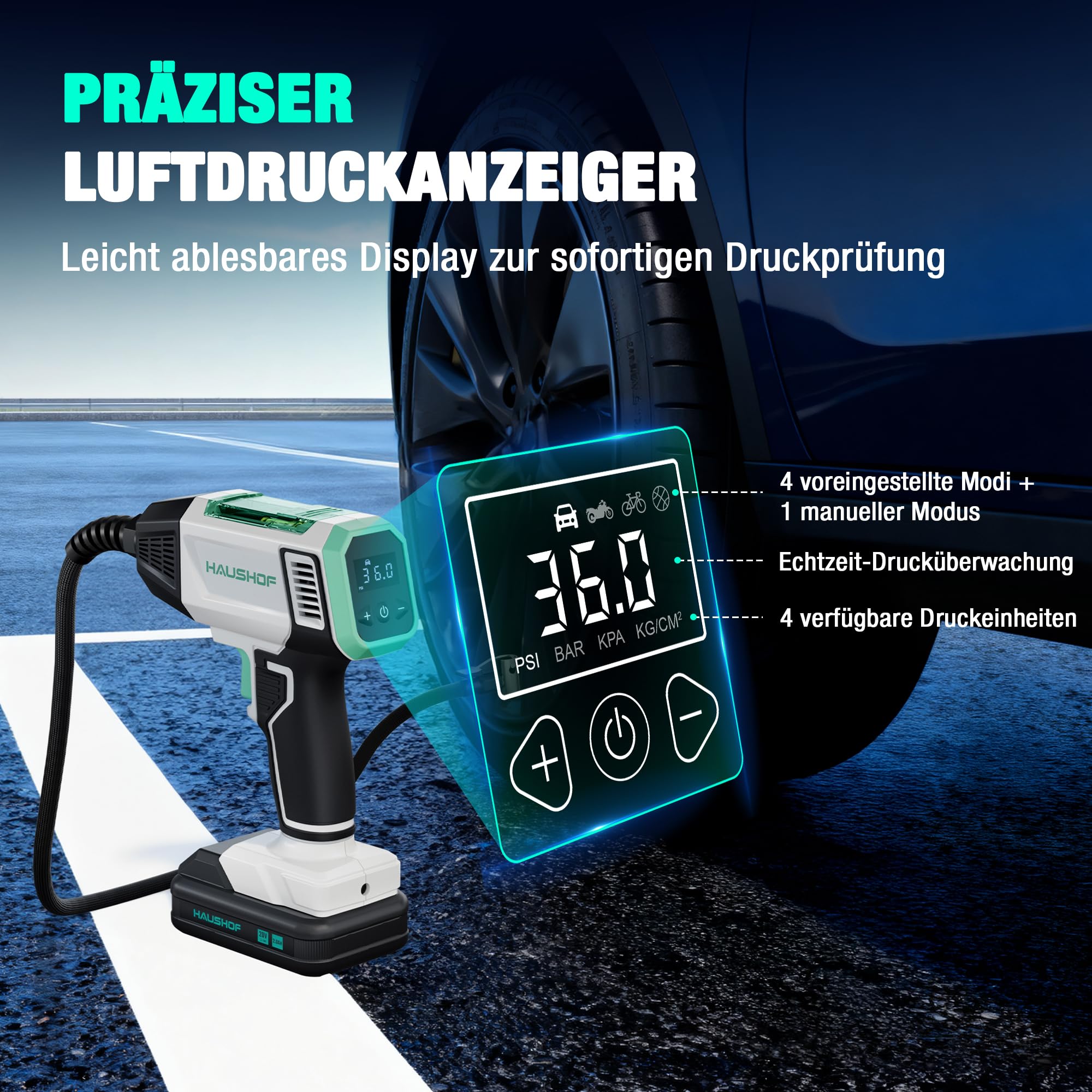 HAUSHOF Akku Luftkompressor 150 PSI (10,3 bar), Tragbare Luftpumpe mit 4 Modi + Manueller Modus, 20V 2000mAh Kabelloser Kompressor, Digitales Display, Auto-Abschaltung für Reifen, Motorrad, Fahrrad