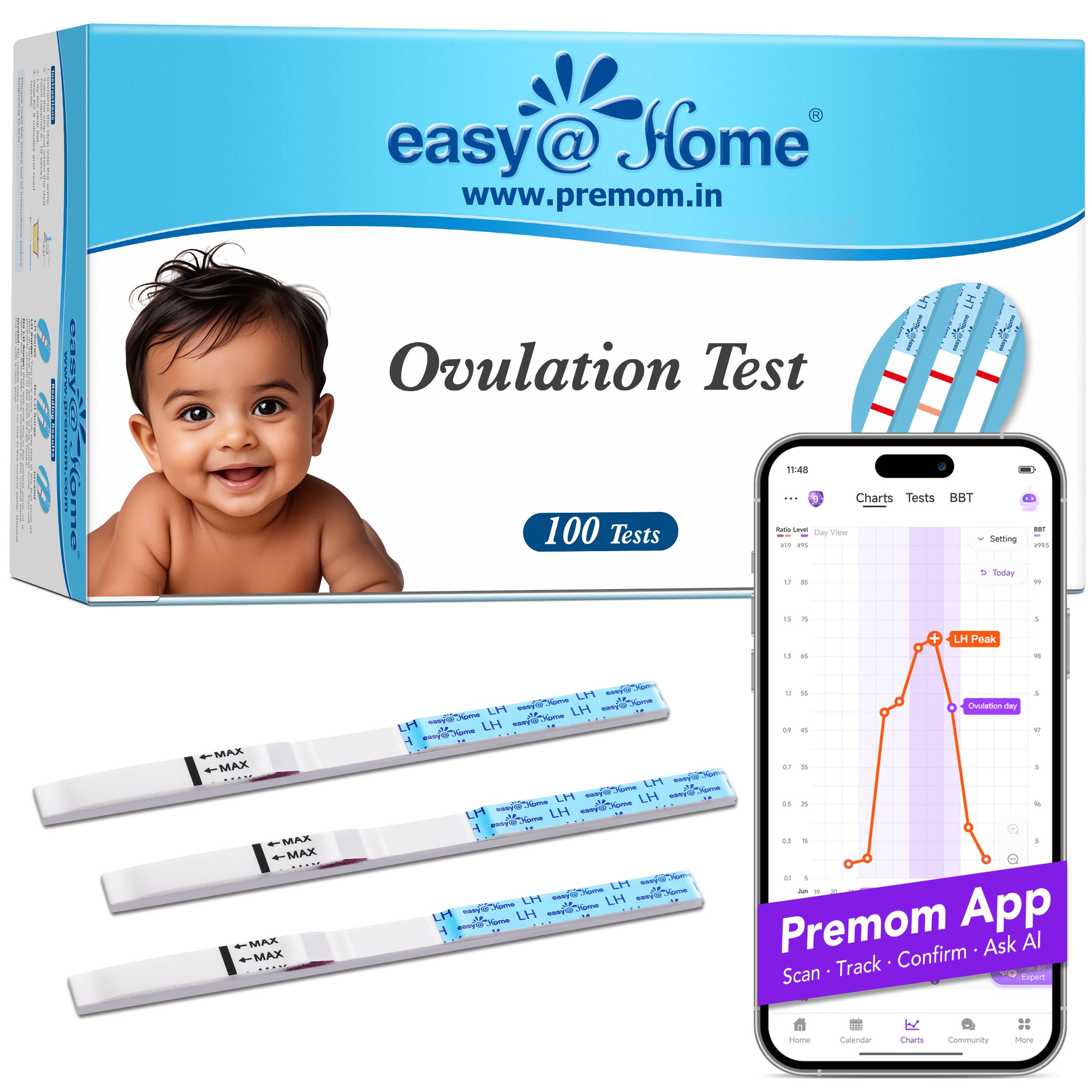 Easy@Home Ovulation Test Kit: 100 Pack LH Strips for Women Planning Pregnancy - Precise & Quick 5-Minute LH Detection - Convenient Home Testing with Fertility Tracker Premom App Support