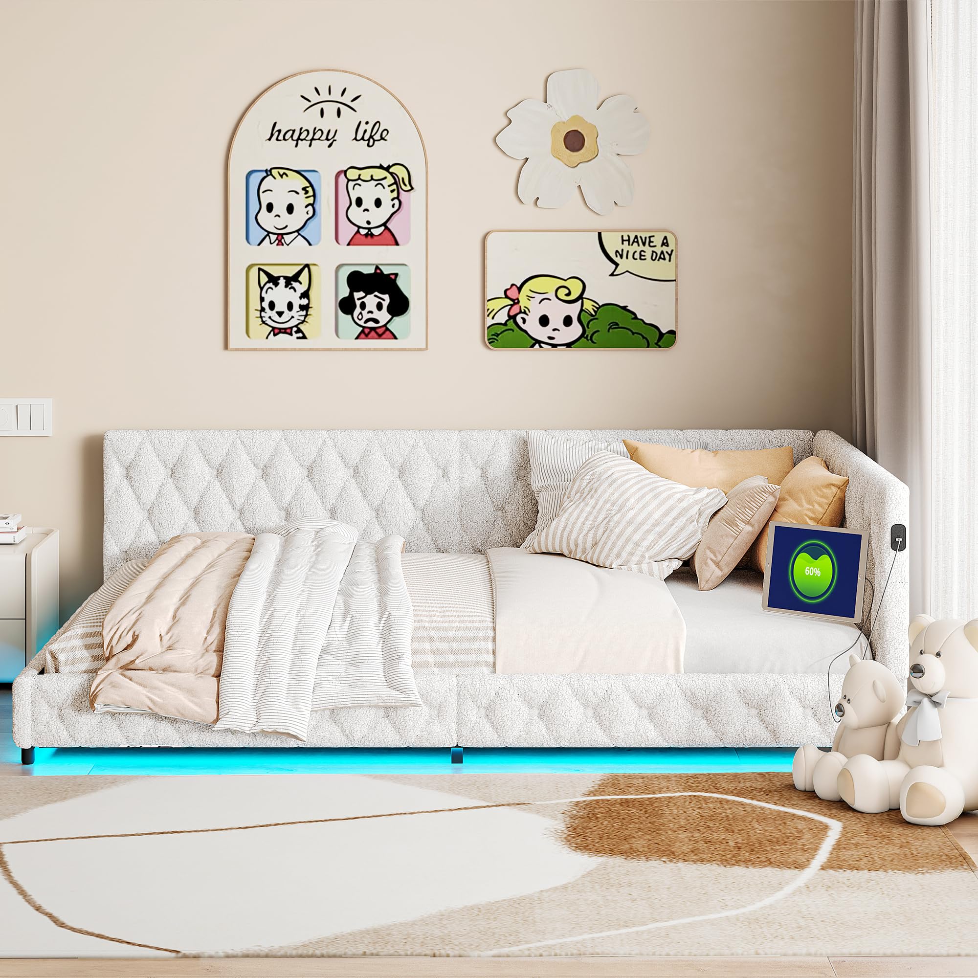 Kinderbett Polsterbett 140x200,Einzelbett Multifunktionsbett mit LED-Beleuchtung und USB-Aufladung,Jugendbett 140x200 mit Led,Bettgestell mit Lattenrost,Ohne Matratze,Teddy Velvet