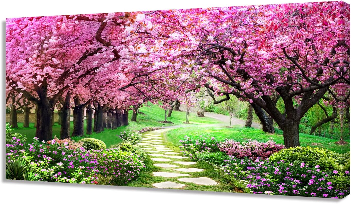 Aibonnly Canvas Wall Art Painting Pink Cherry Blossoms 1 Piece Park Tree Forest Wallpaper Spring landscape Picture Poster Print Framed and Stretched Ready to Hang for Living Room Bedroom Artwork
