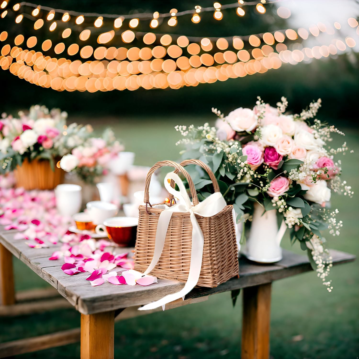 Flower Girl Basket Boho Style Rattan Baskets with White Ribbon for Weddings, Classic Wicker Handbag Basket Purse Basket Bags Women Straw Tote with Handle
