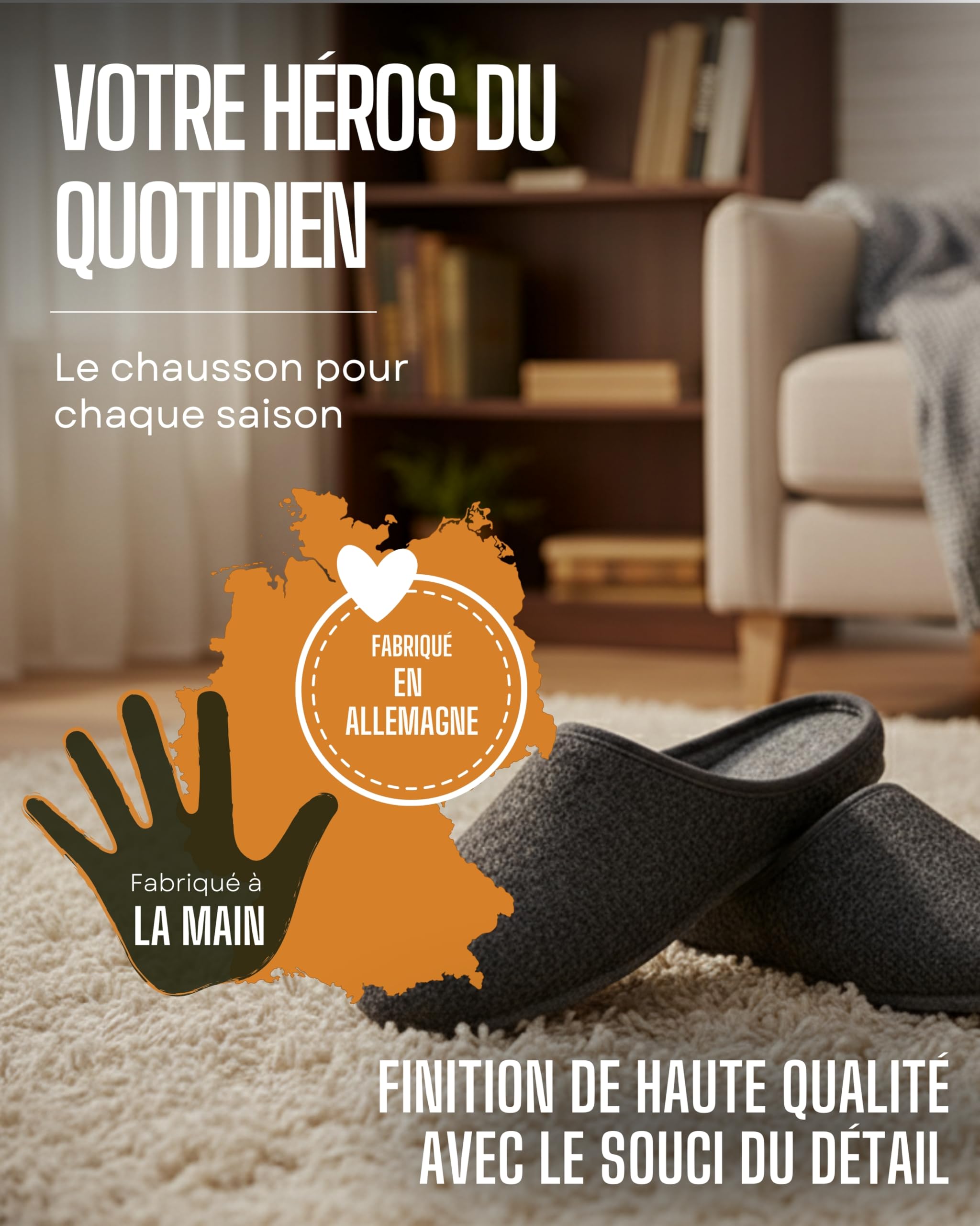 Pantoffelmann Chaussons en feutre avec semelle en feutre | Rouge/Gris/Bleu marine | Tailles 36 à 48 | Pantoufles respirants et confortables pour femmes et hommes | Chaussures élégants et chauds