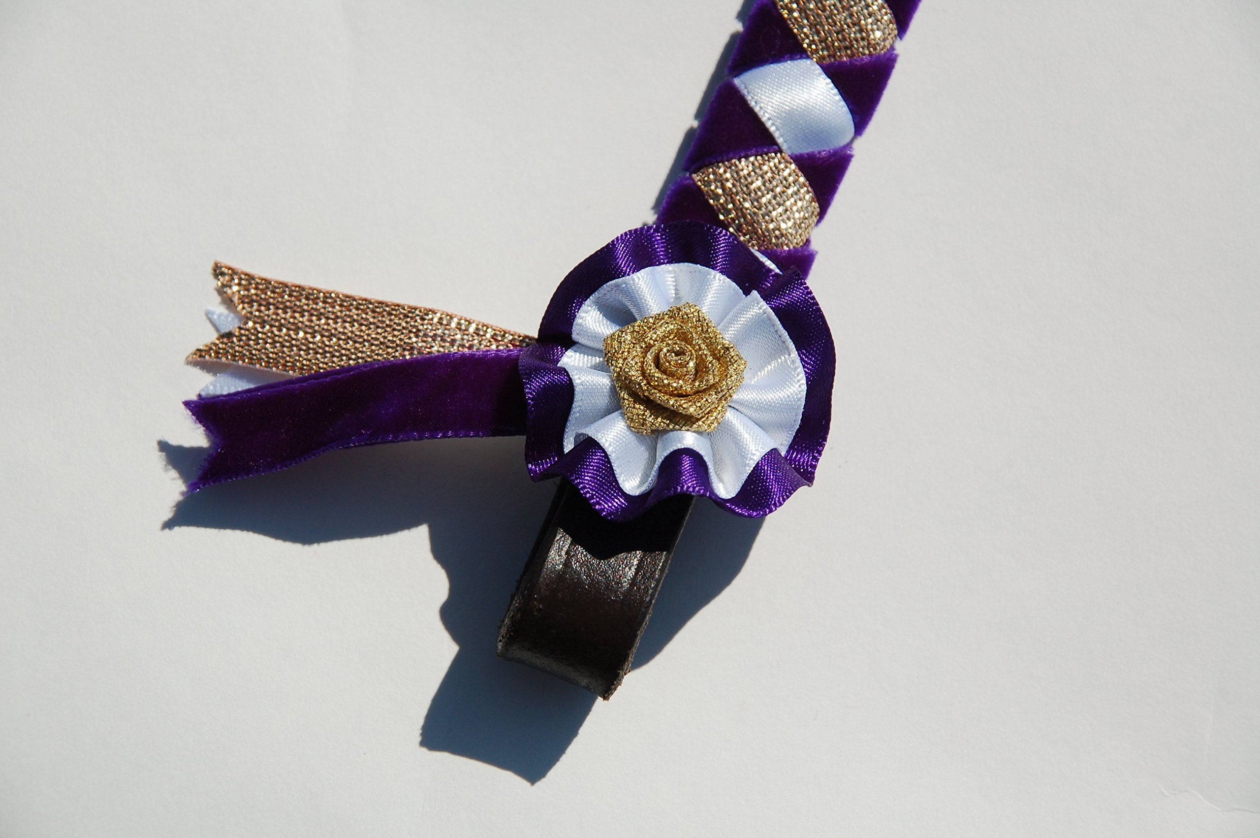 IV Horse Velvet and Satin Browbands with Mini Rosettes sizes small pony to extra full (Purple White and Gold, Pony)