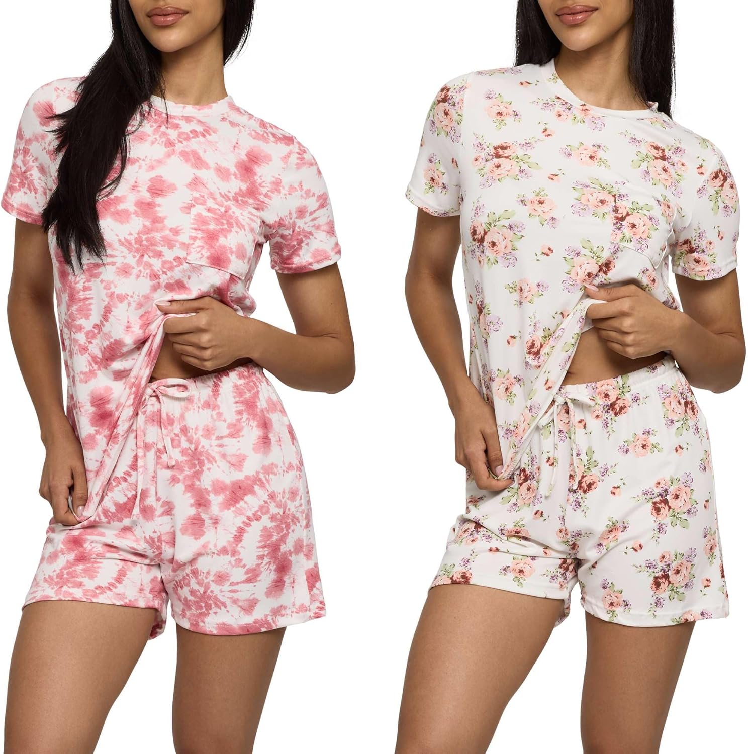 Real Essentials 2 Pack: Womens Short Sleeve Pajama Short Set - Comfy Lightweight Soft Lounge Sleepwear (Plus