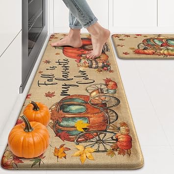 KIMODE Fall Decor Kitchen Mats Cushioned Anti Fatigue, Brown Pumpkin Carriage Kitchen Rugs Sets of 2, Padded Kitchen Floor Mats, Halloween Decorations Indoor Mats for Laundry Office 17"x47"+17"x29"