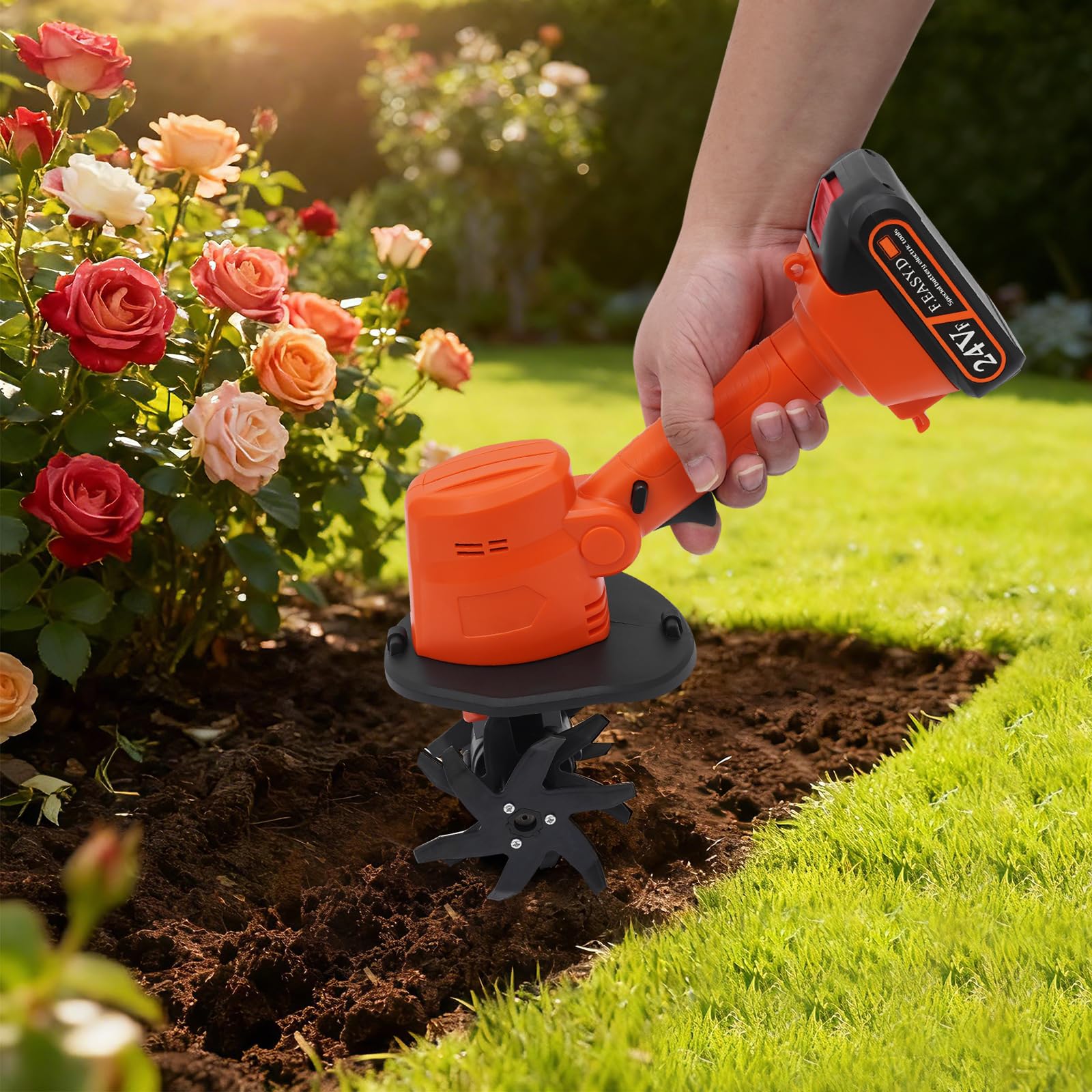 Motoazada con batería de 21 V con cuchillas de 65 Mn, 235 rpm, azada inalámbrica para jardín, con cubierta protectora, azada de jardín manual para jardines, patios, ancho de trabajo y profundidad: 10
