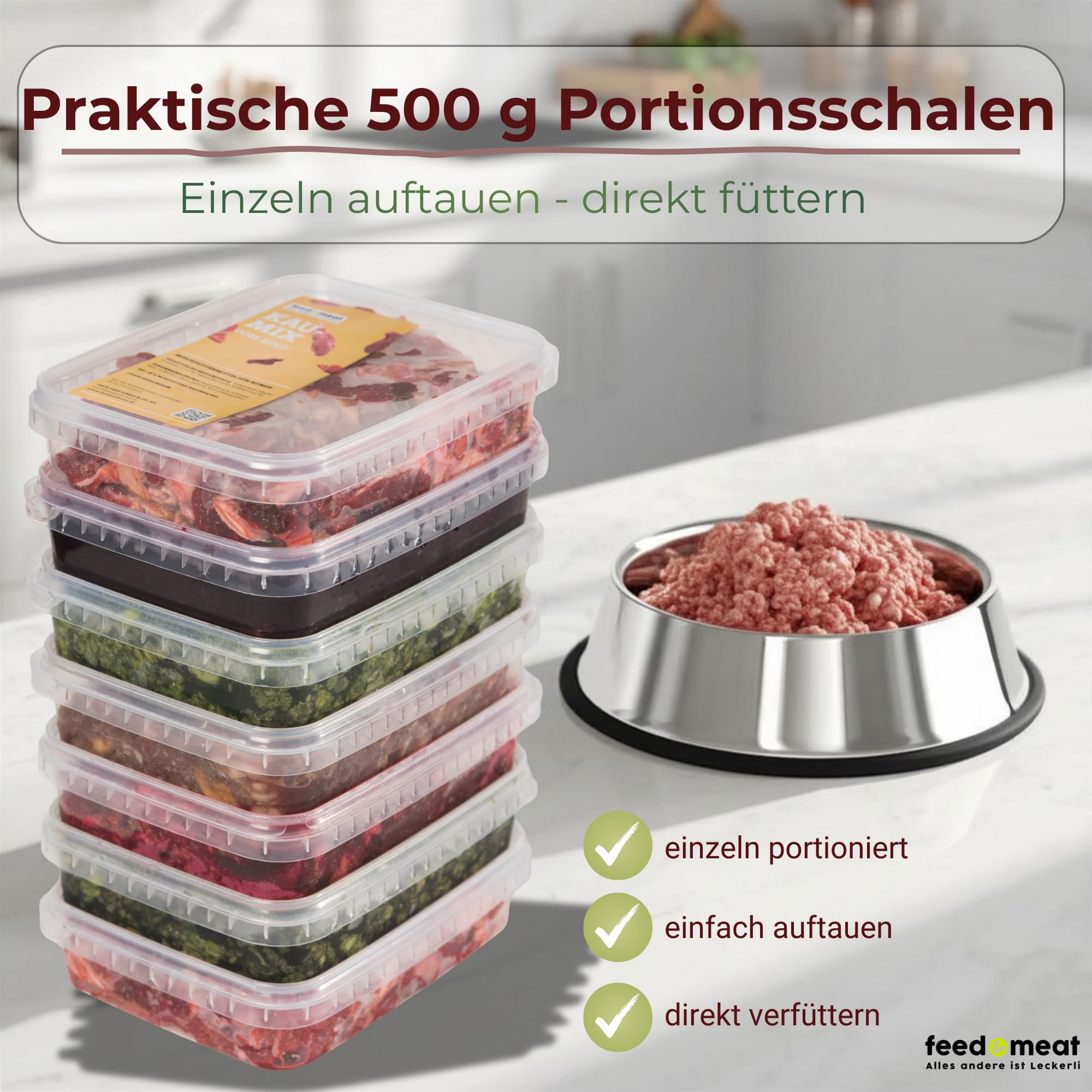 feed&meat Barf Fertigmenüs - 3 Wochenpaket inklusive Obst, Gemüse und Ölen - 21 x 500g Komplettmixe und 1x Brustbeinknochen regional und frisch