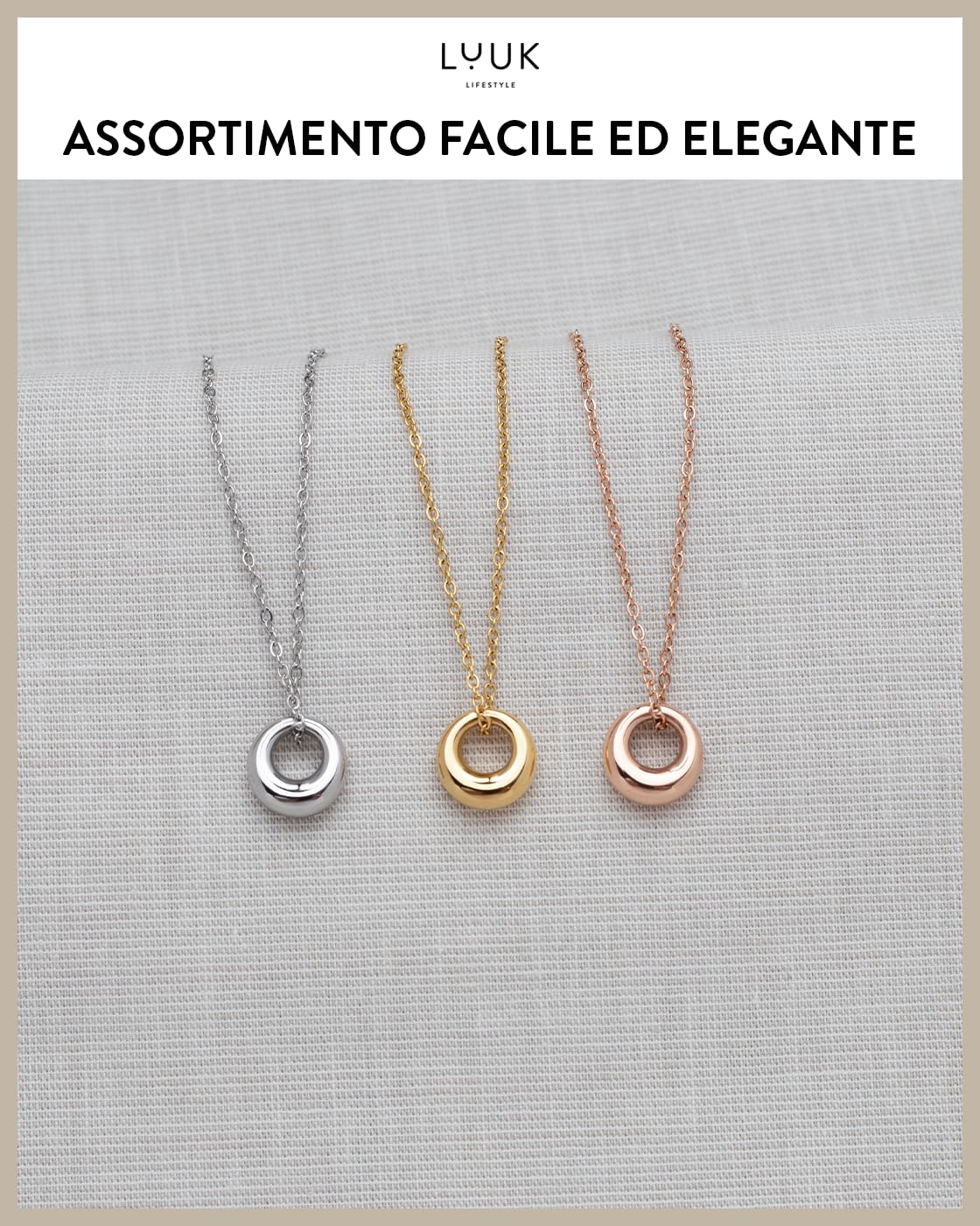 LUUK LIFESTYLE Collana con ciondolo diverso e acciaio inossidabile (50 cm), con carta HAPPINESS, idea regali donna, lei, compleanno, portafortuna, gioielli elegante, Argento, Or, Or rosa