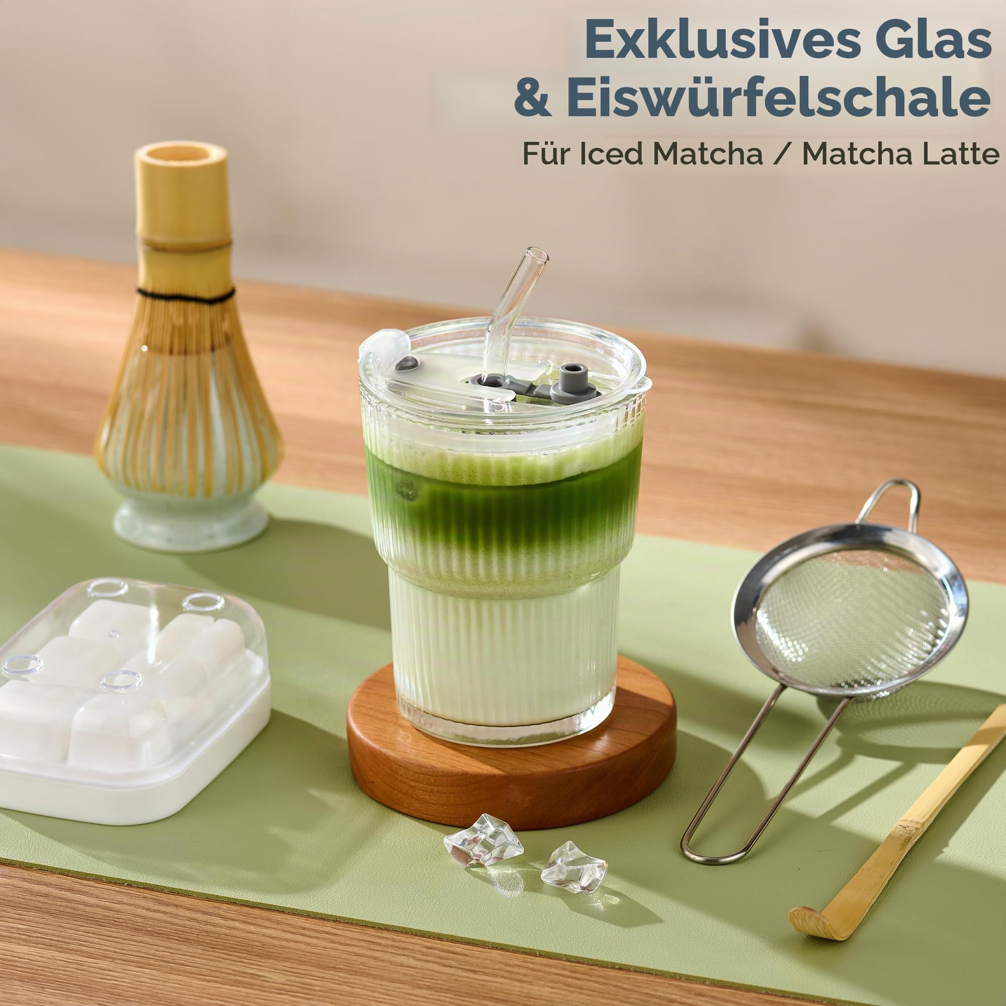 ComboJoy Matcha-Besen-Set, komplettes Matcha-Set mit Schale, Bambusbesen und Halter, Löffel, Sieb, Glas mit Deckel und Strohhalm, Eiswürfelform – Geschenkset für Matcha-Liebhaber