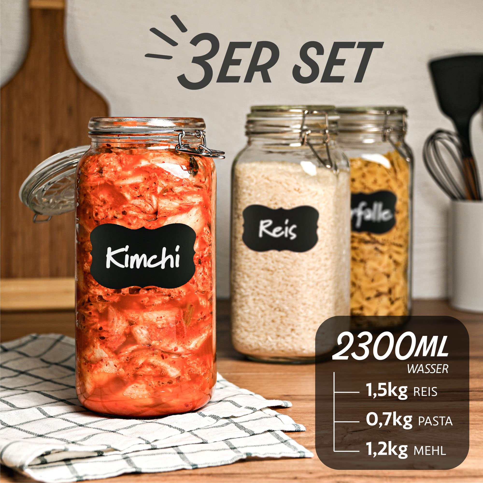 Praknu 6 Einmachgläser mit Bügelverschluss Groß 2l - Mit Etiketten, Stift und extra Silikondichtungen - Platzsparend durch eckige Form - Spülmaschinenfest