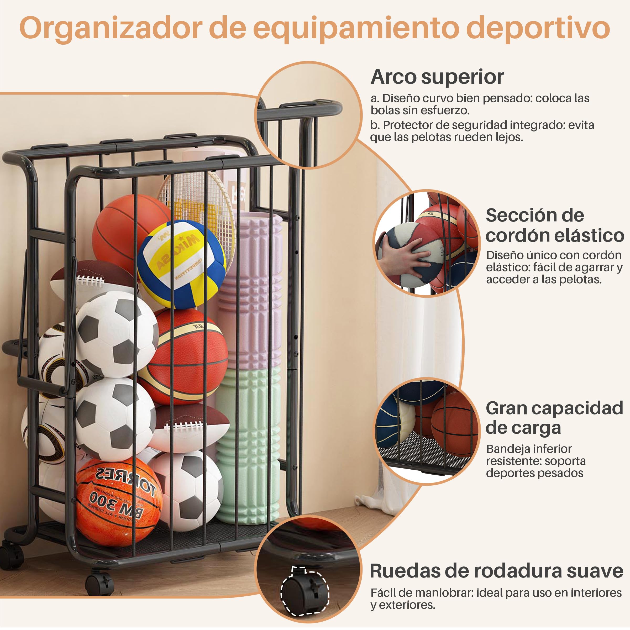 Gran capacidad de 139 litros de capacidad, con ruedas deslizantes, adecuado para baloncesto, balones de fútbol, rugby y otros balones deportivos. Apto para uso en interiores y exteriores.