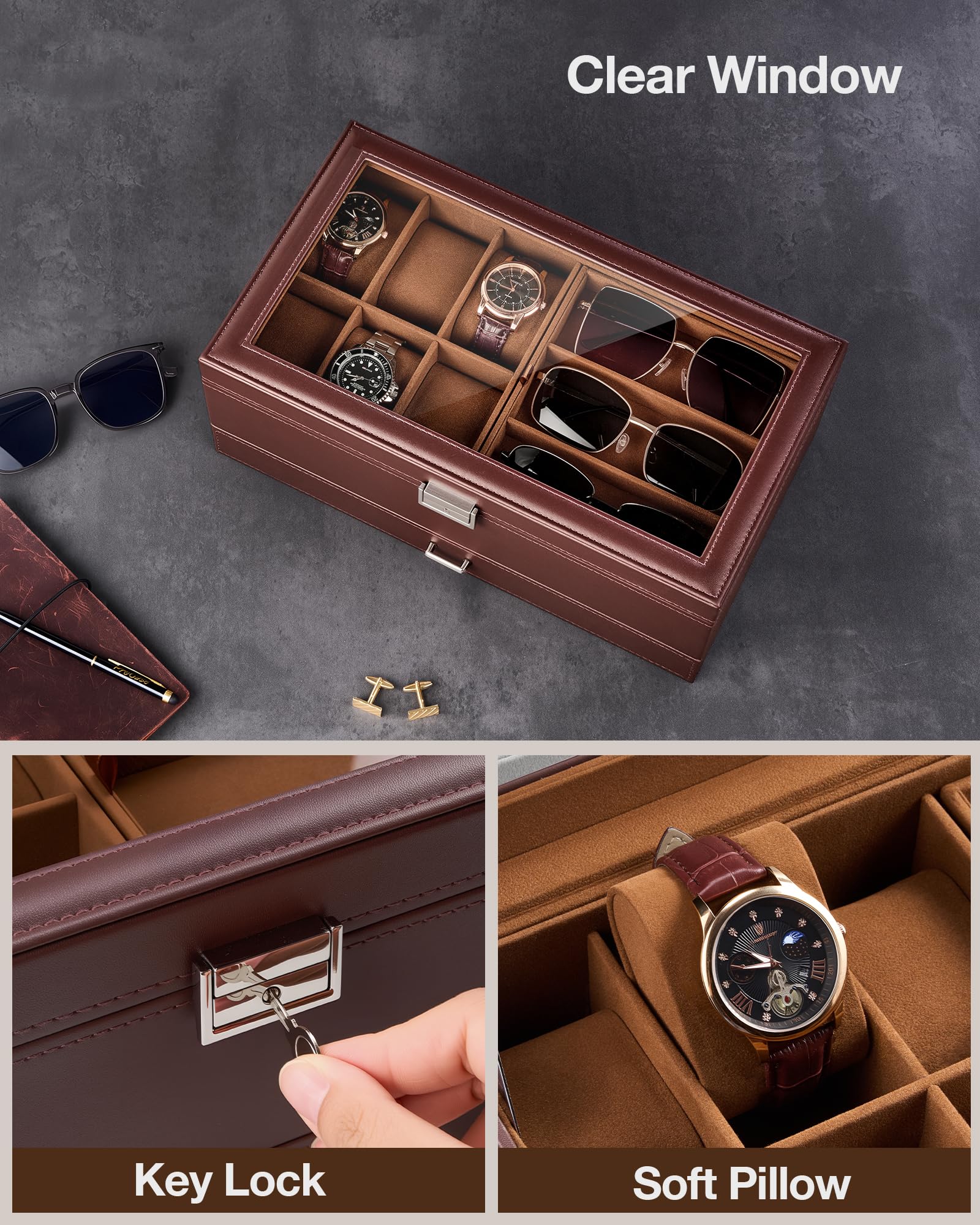 ProCase Boîte de Rangement Montres et Lunettes, Coffret 6 Montres et 3 Paires de Lunette de Soleil, Couvercle Transparent avec Serrure, Avec Tiroir pour Bijoux et Accessoires -Marron