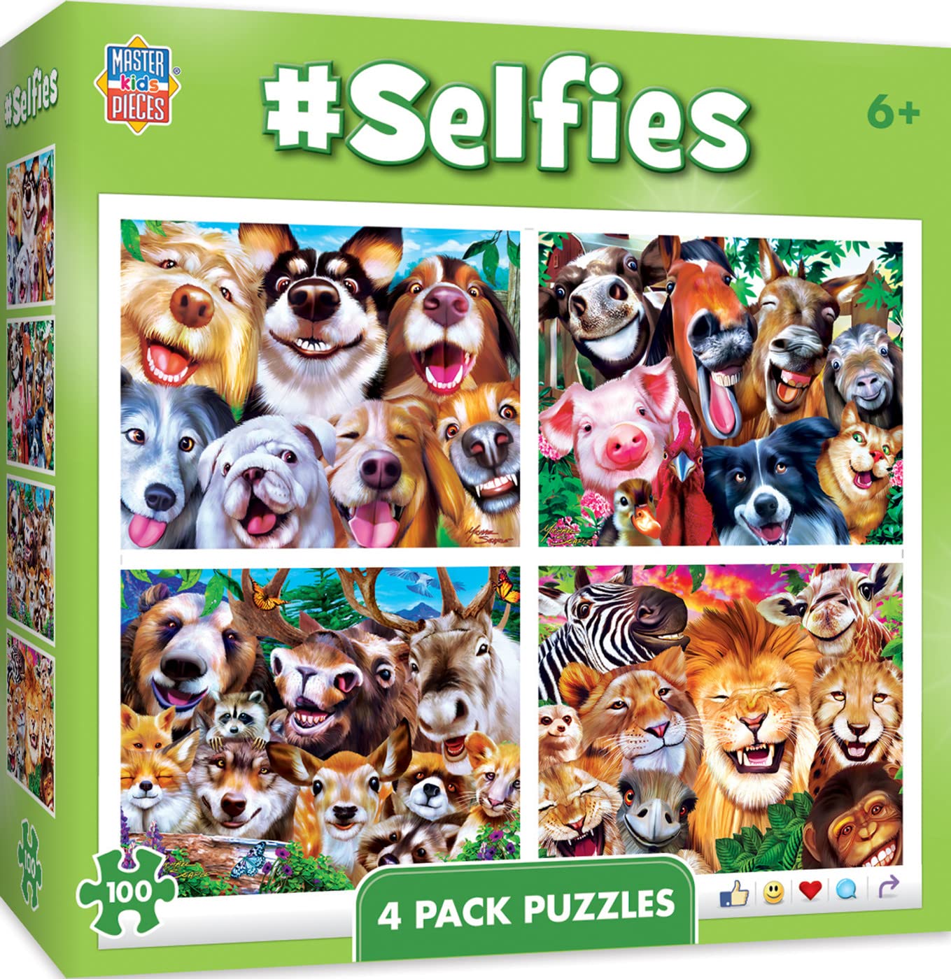 MasterPieces - Jigsaw Puzzle Set for Kids 6+ Years, 4-Pack of 100 Pieces, Educational and Fun Game, Silly Animals Collection, Gift Idea for Children, 8" x 10"
