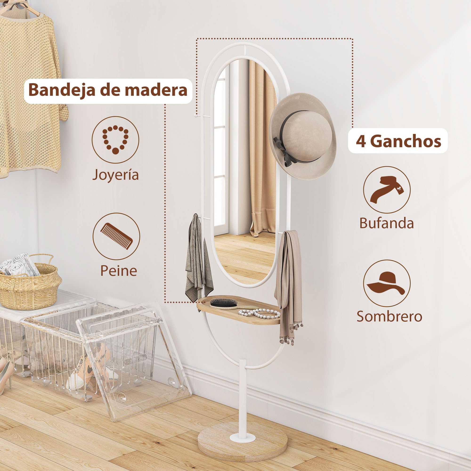 HOMCOM Specchio a pavimento con vassoio in legno 175.5x50cm, Bianco