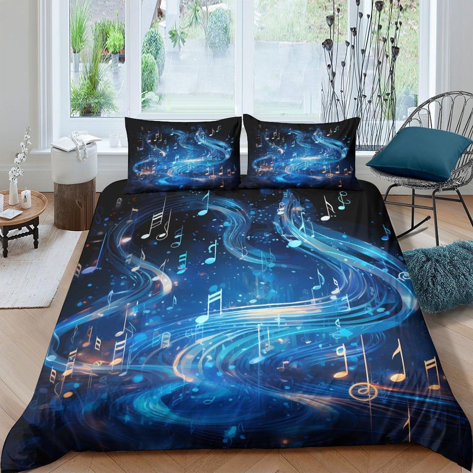 Ctjqhvkz Style-1 3D Printed Blue Musical Notes Fitted Sheet Microfiber Soft Artistic Night Melody Mattress Cover Bedroom Decor Single（135X200cm）