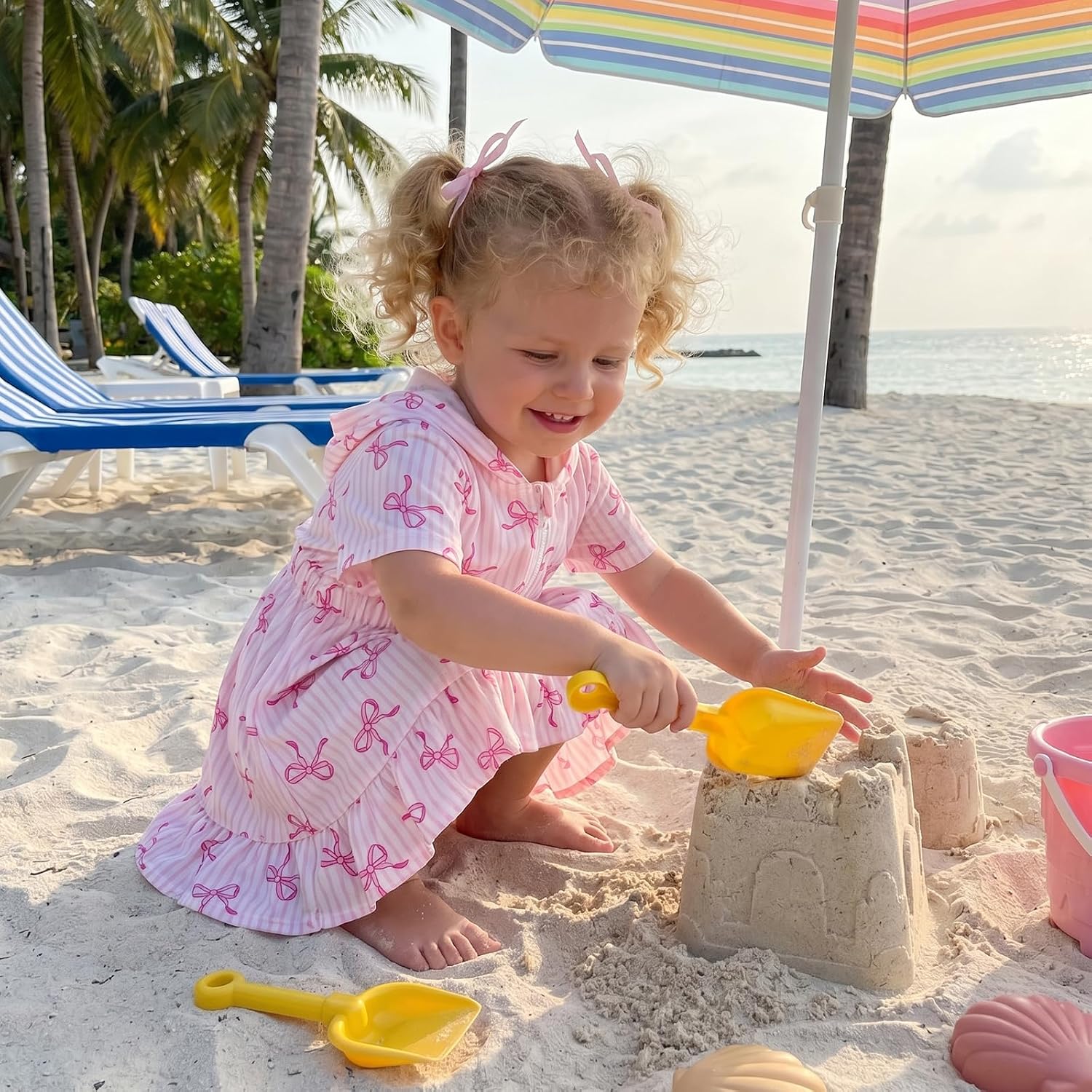 Girls Bow Swim Cover Up One Piece Swimsuits Beachwear Zip Up Short Sleeve Stripe Print Hooded Terry Coverups Swimwear