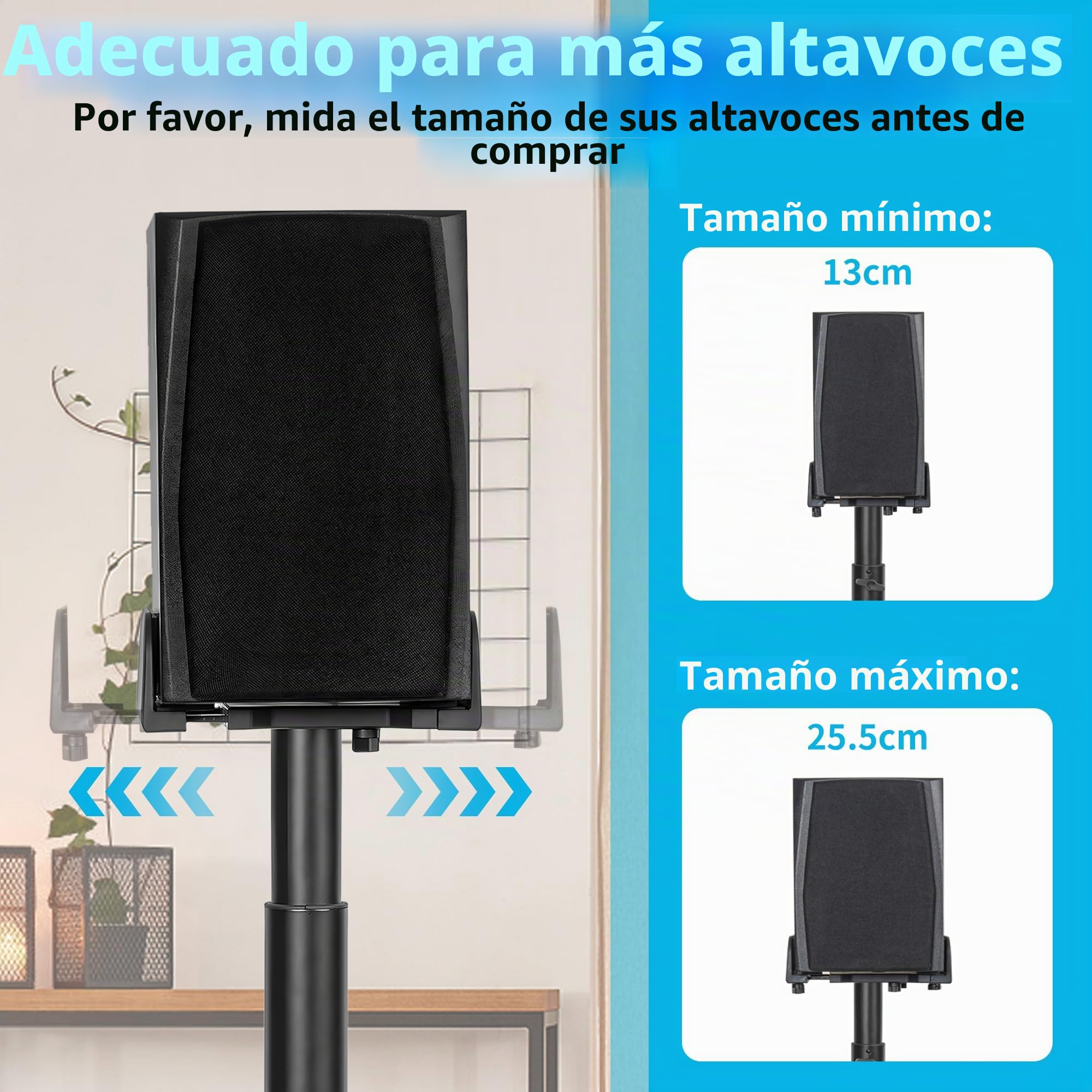 OUUTMEE Soportes de altavoz de altura ajustable 1 par, soporte de pie con bandeja ajustable para altavoces universales de satélite y estantería, soporte de pie para altavoces de estantería de hasta 5
