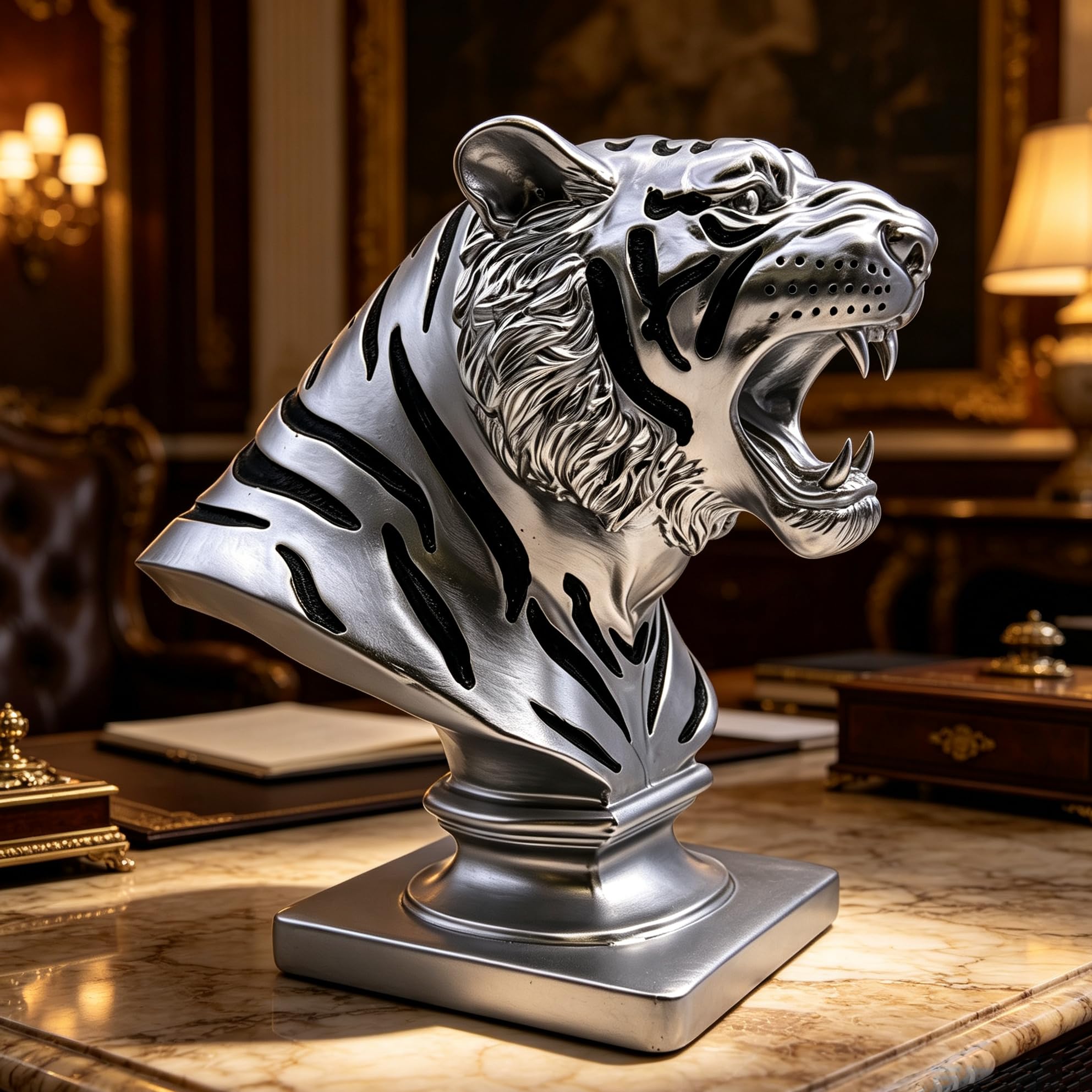 Xindam Silver 9.6 Inch Tiger Bust Statue Tigers Head Figurine Decorative Home & Office Figurines Home Office Display Craft Living Room Decor Ornaments For Tabletop