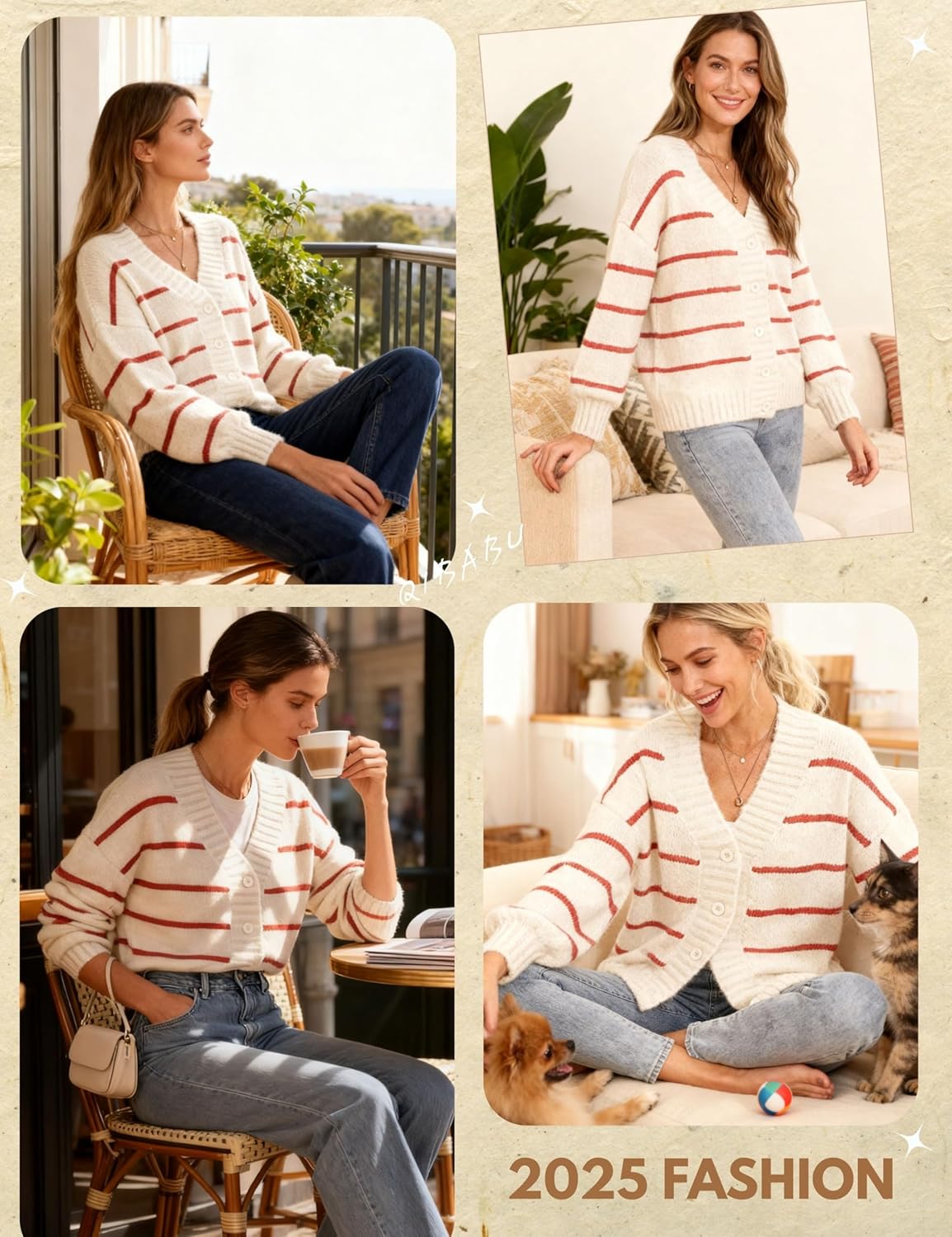 QIBABU Womens Striped Cardigan Sweaters Oversized V Neck Open Front Button Down Knit Outwear - Image 6