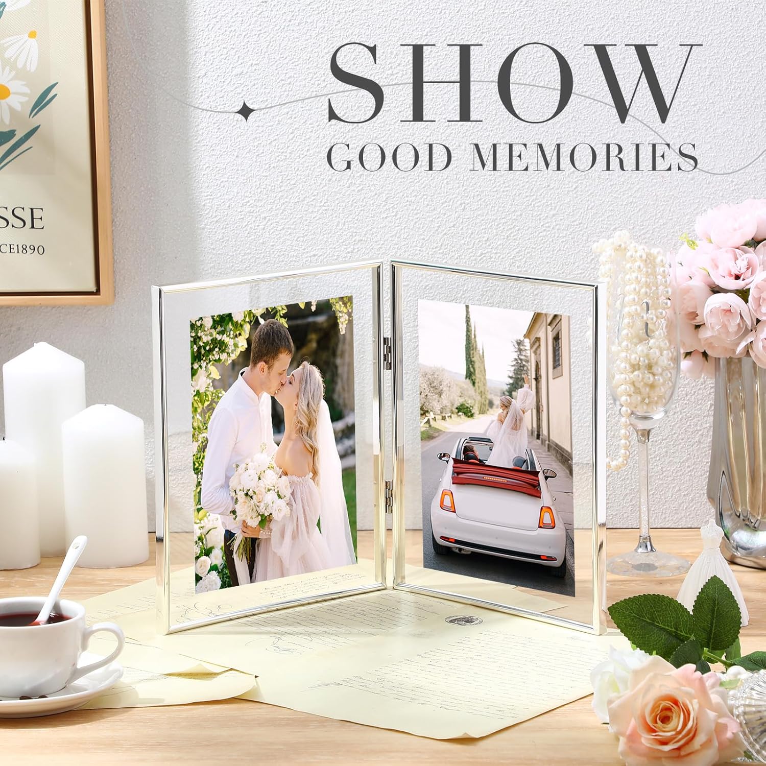 Sintuff 8" x 10'' Brass Double Picture Frame Clear Double Folding Hinged Frame Acrylic Memorial Photos Displayed Stand for Desktop Artwork Plants Specimen Graduation Christmas Gifts(Silver)