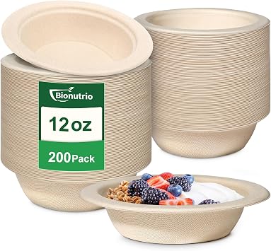Compostable Paper Bowls 12 oz, 200 Pack Disposable Heavy Duty