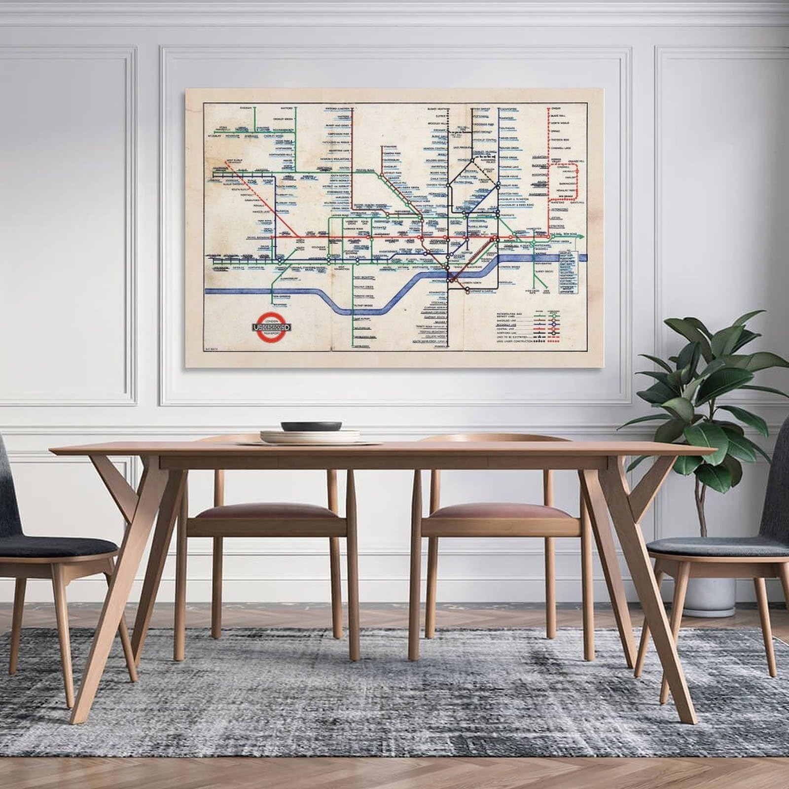 Generic Lienzo decorativo con mapa retro del metro de Londres de 1947, escala de grises, 60 x 90 cm, mapa histórico, perfecto para sala de estar, dormitorio, oficina, etc.