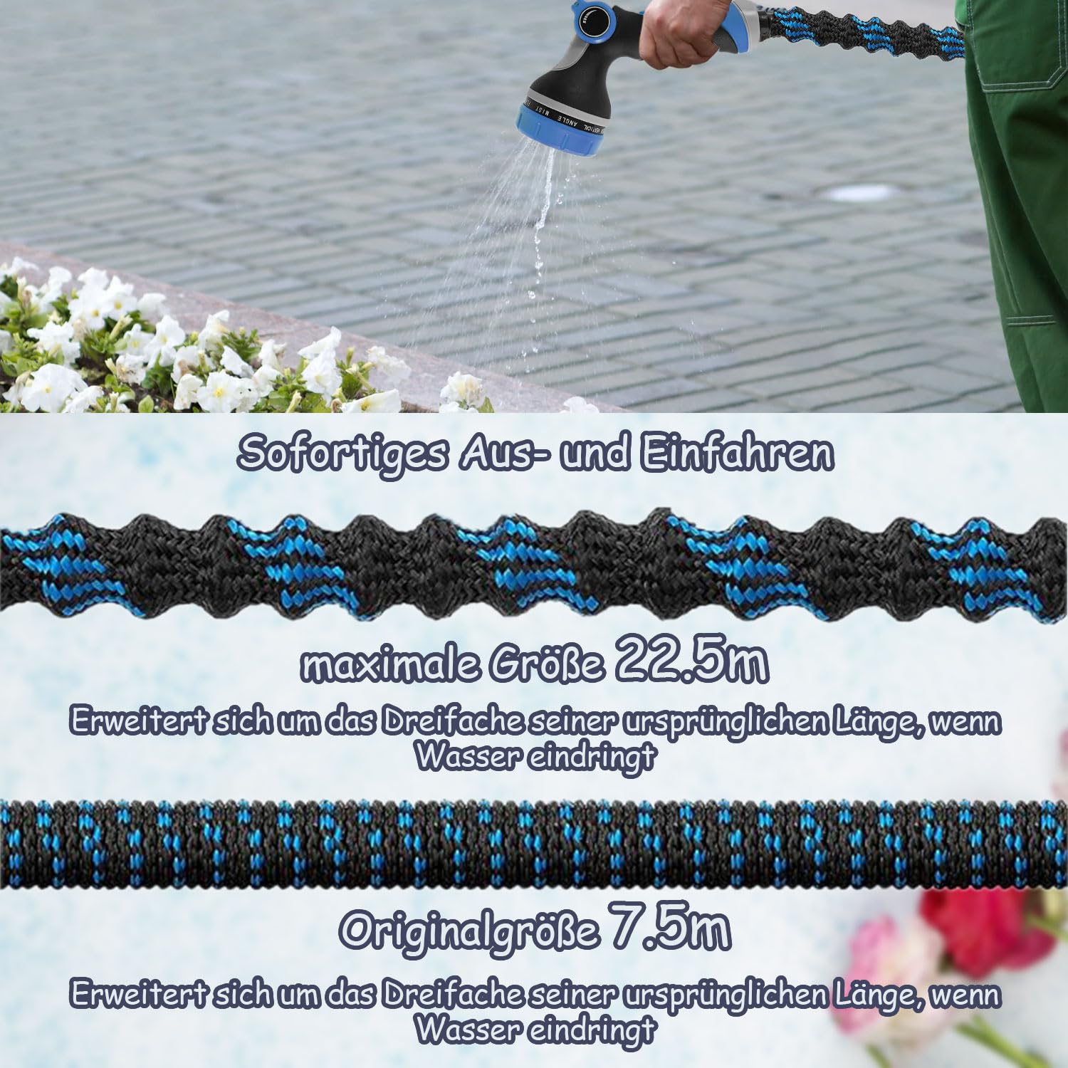Manguera Extensible, Manguera Jardin Flexible con 10 Funciones Pistola, Boquilla Manguera Terraza Retractil Con 3/4" 1/2" Conector, Garden Hose Riego Conectores Accesorios (75FT)