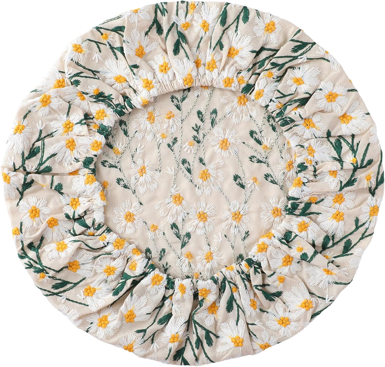 Reusable Bowl Covers for Bread Proofing Baking Embroidered Daisy Linen Cotton Cloth Fabric Washable with Elastic Cover for Food Fruit Salad Eco-friendly (Beige Daisy Field)