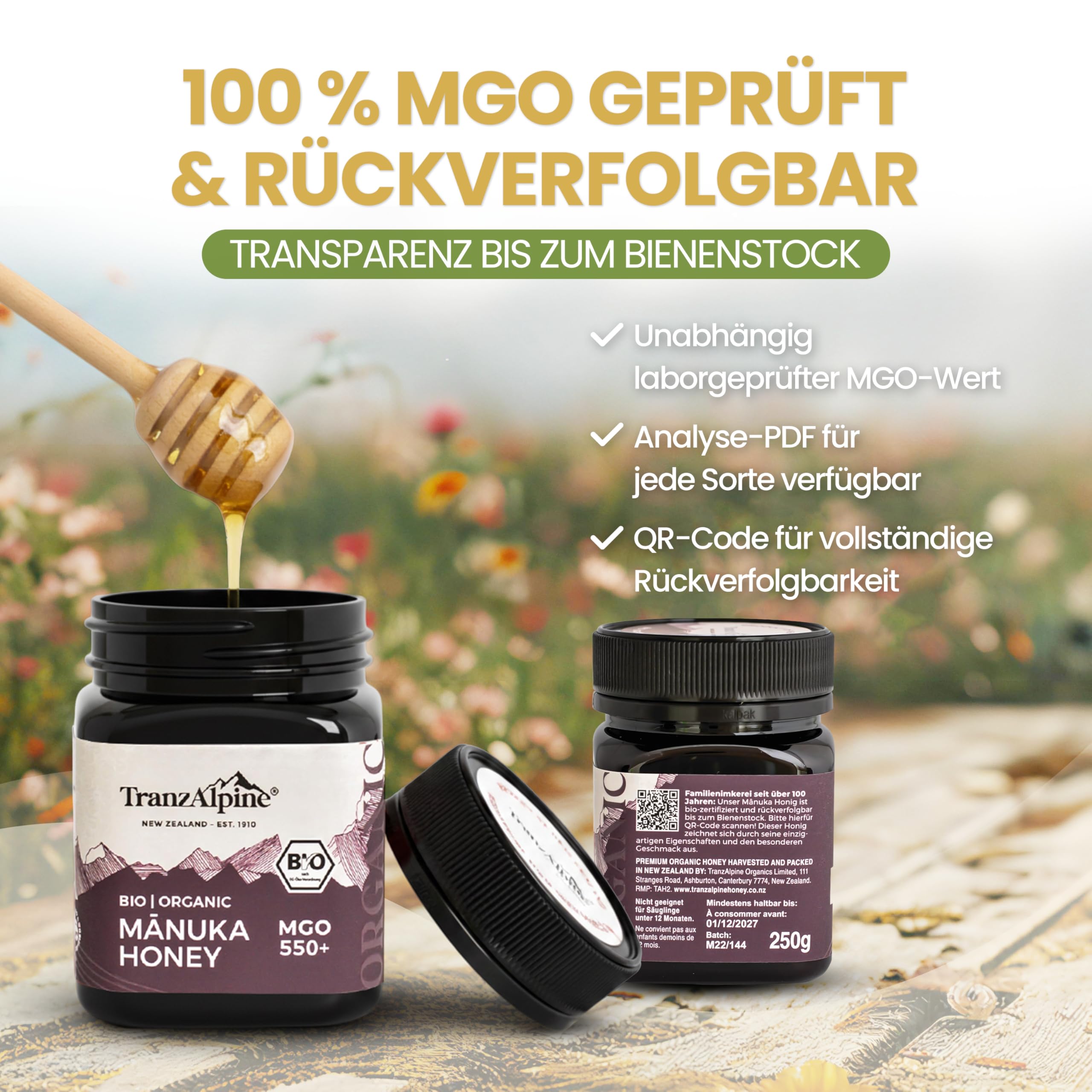 TranzAlpine Manuka Honig BIO-zertifiziert 250g - MGO 550+ | 100 % reiner Premiumhonig aus Neuseeland - Laborgeprüft & Original-Imkerabfüllung