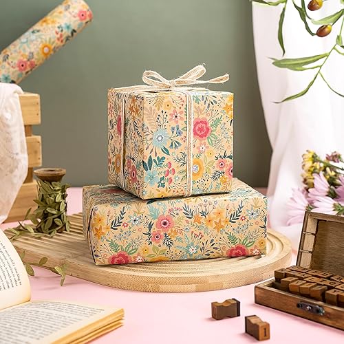 Miniatura 5 de WRAPAHOLIC - Rollo de papel kraft con diseño floral para envolver regalos - Mini rollo - 17 pulgadas x 9.8 pies - Diseño de flores de jardín de