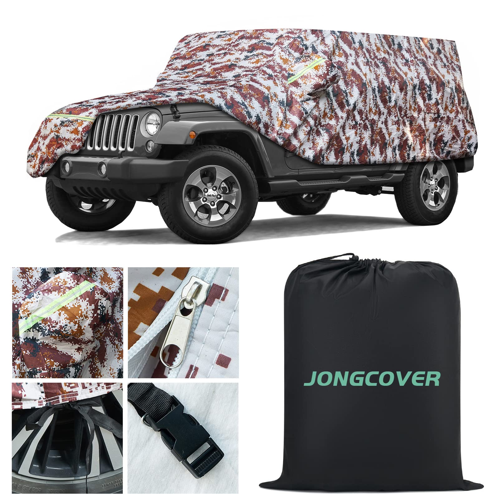 Wrangler Car Cover Custom Fits Wrangler 1987-2022 JK, JL, CJ, YJ, TJ 4 Doors 190T Polyester Fabric Waterproof All Weather Protection Sun Rain UV Protection SUV Cover with Driver Door Zipper