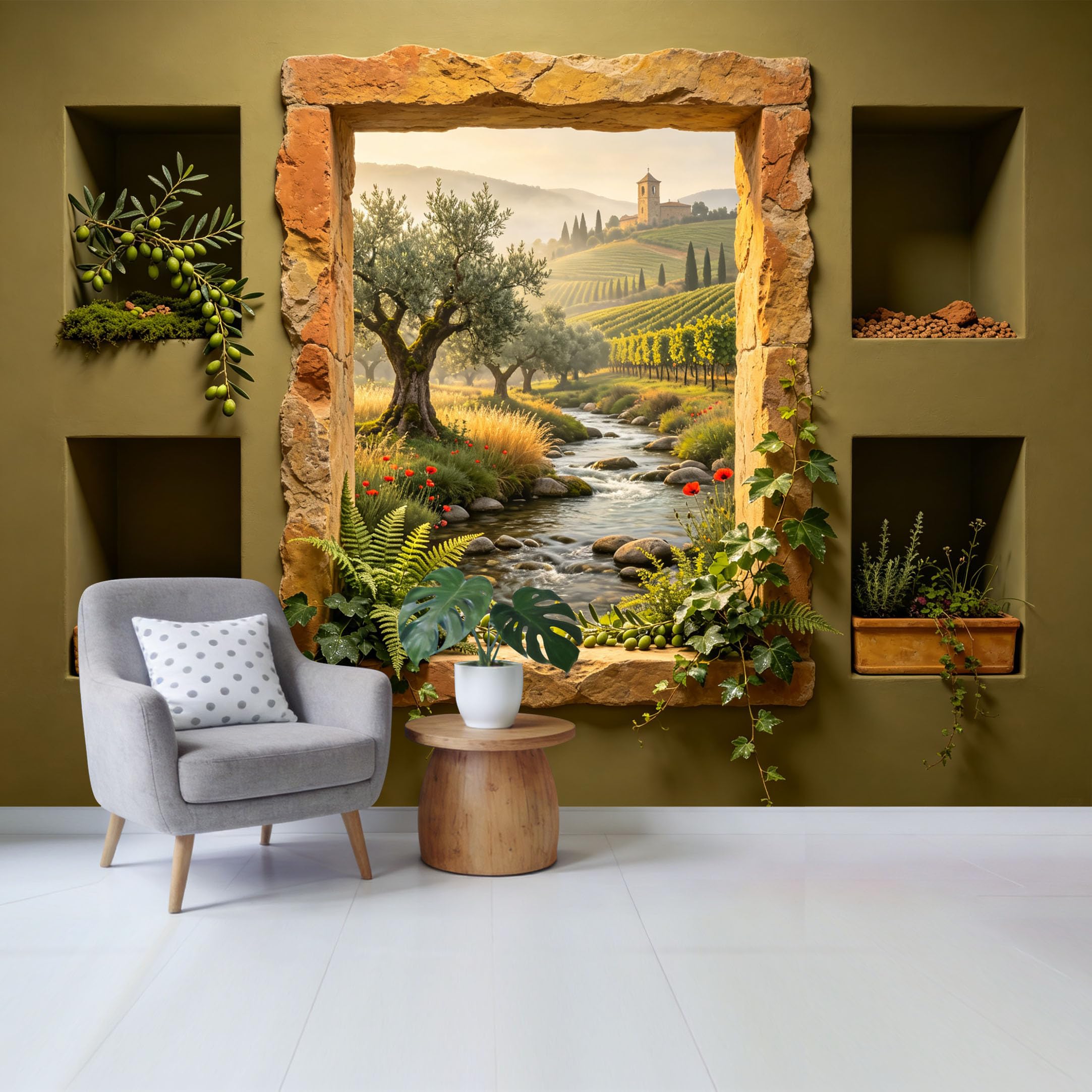 Removable Self Adhesive Fabric Mural， Tuscan Vineyard Landscape Custom Size Wall Covering， UV Protected Waterproof Washable Wall Decor for Living Room Bedroom Bathroom