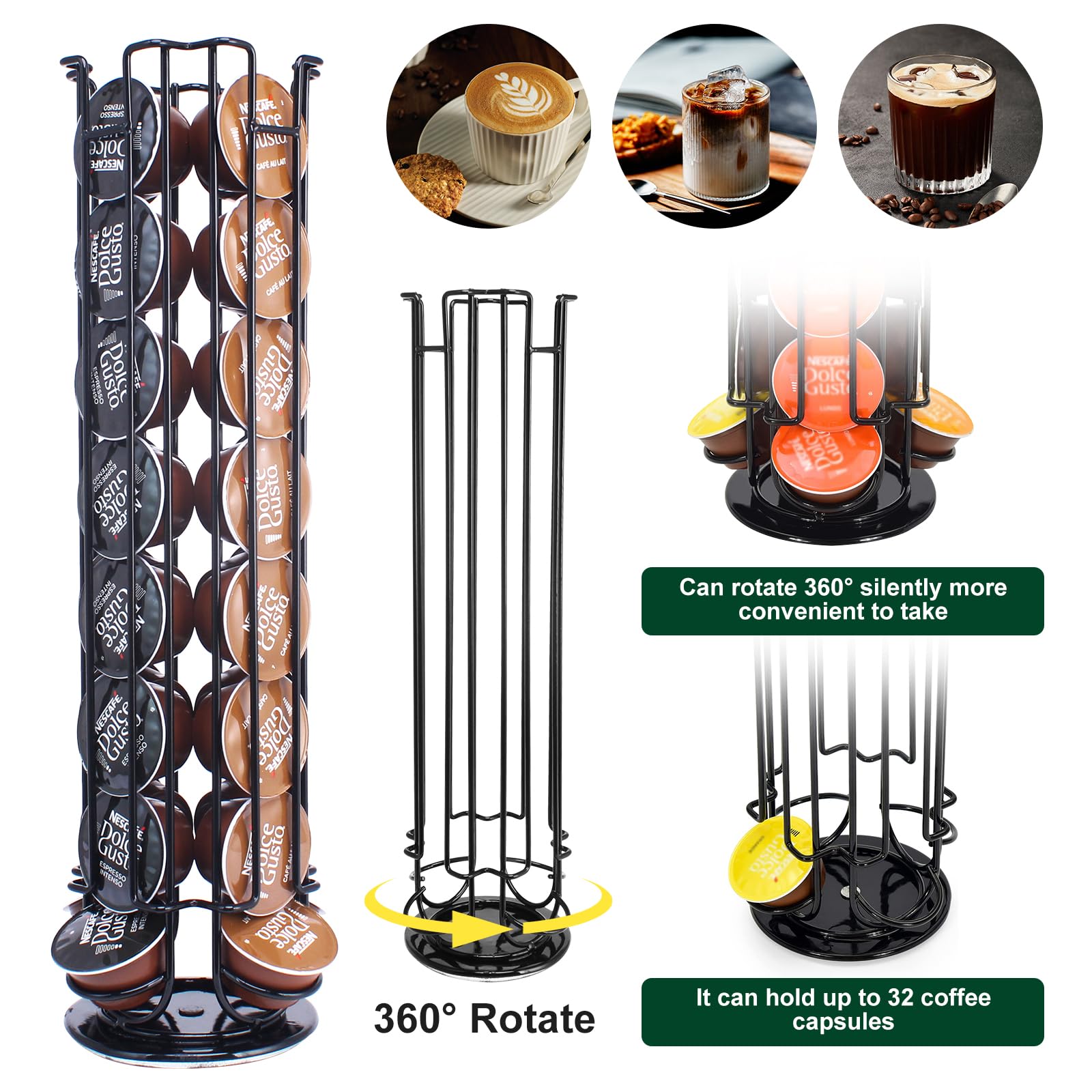 Porta Capsule per Caffè,Supporti per Capsule,Porta Capsule Caffe,Portacapsule per 32 capsule(Non contiene capsule di caffè)Supporto Girevole Verticale 360°,Nero