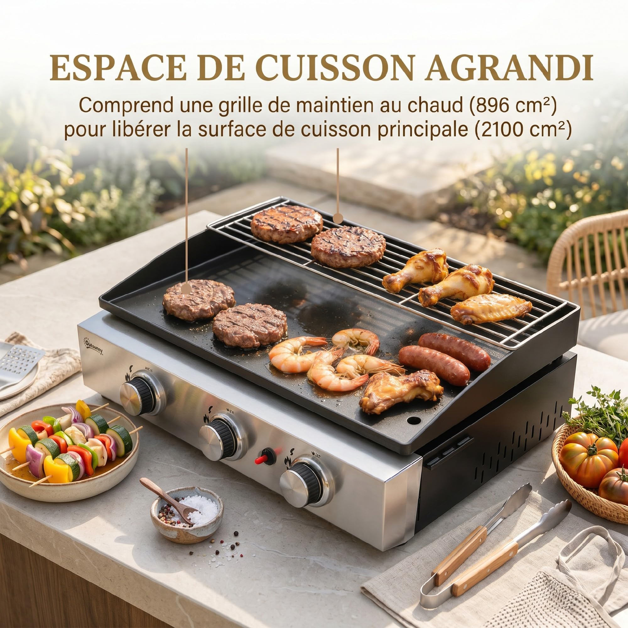 Outsunny Plancha Gaz Extérieur 3 Brûleurs en Acier Inoxydable 7,5 kW, Noir | Plaque Émaillée Anti-Chaleur Facile à Nettoyer, Barbecue de Table, Grille de Maintien au Chaud