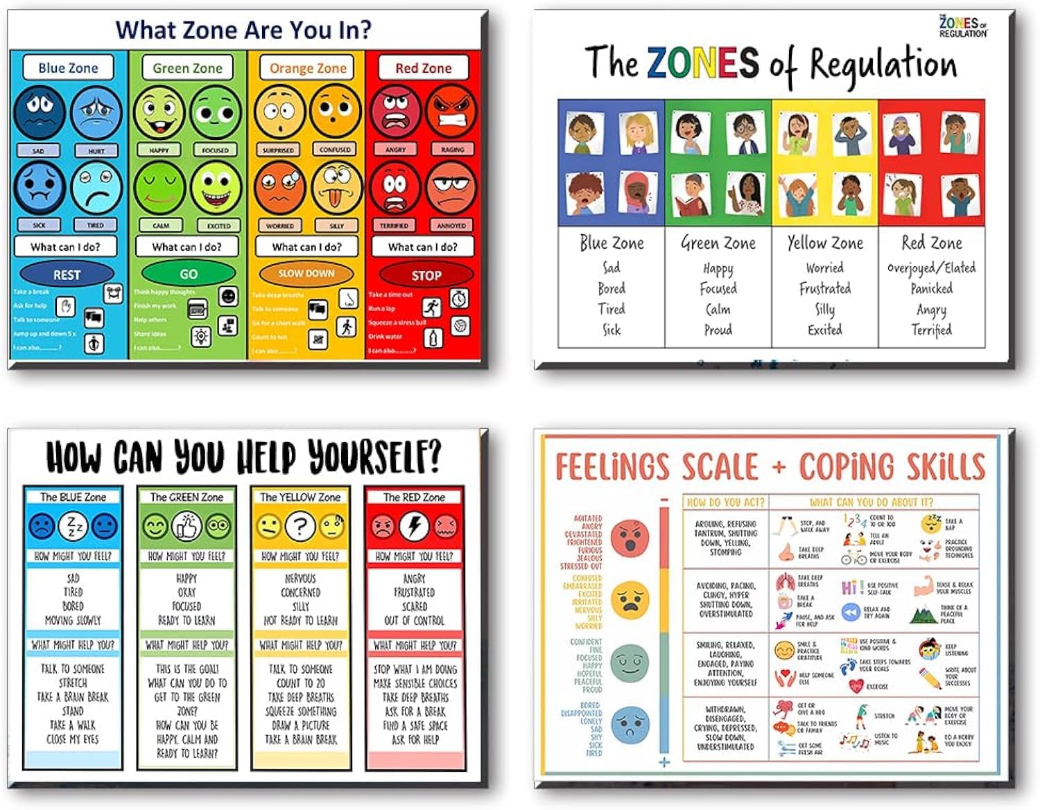 Culion 3 Zones Of Regulation Poster, Feelings Posters, Feelings Chart For Kids, Emotions Poster, Autism Sensory Products, Set Of 4 (12×18Inch)