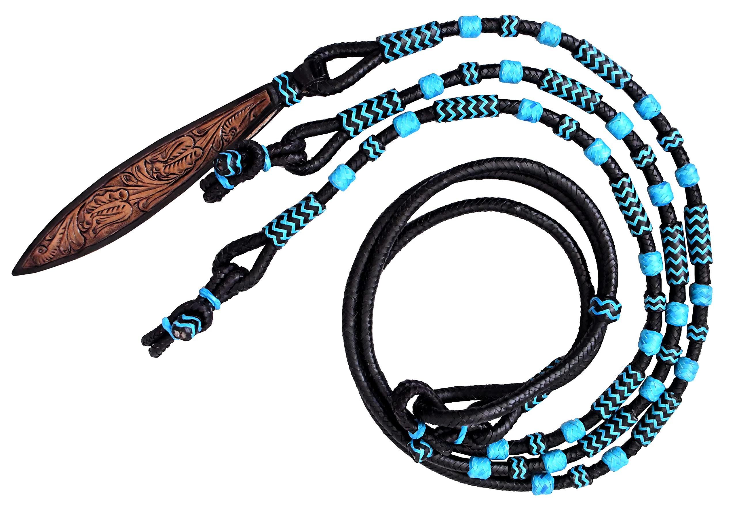 WeavingCraft Black Rope with Turquoise Knots Raw Hide Leather Horse Tack Hand-Braided Romal Romel Reins Hand Carved Leather Popper Ranch Rope/Rope Reins